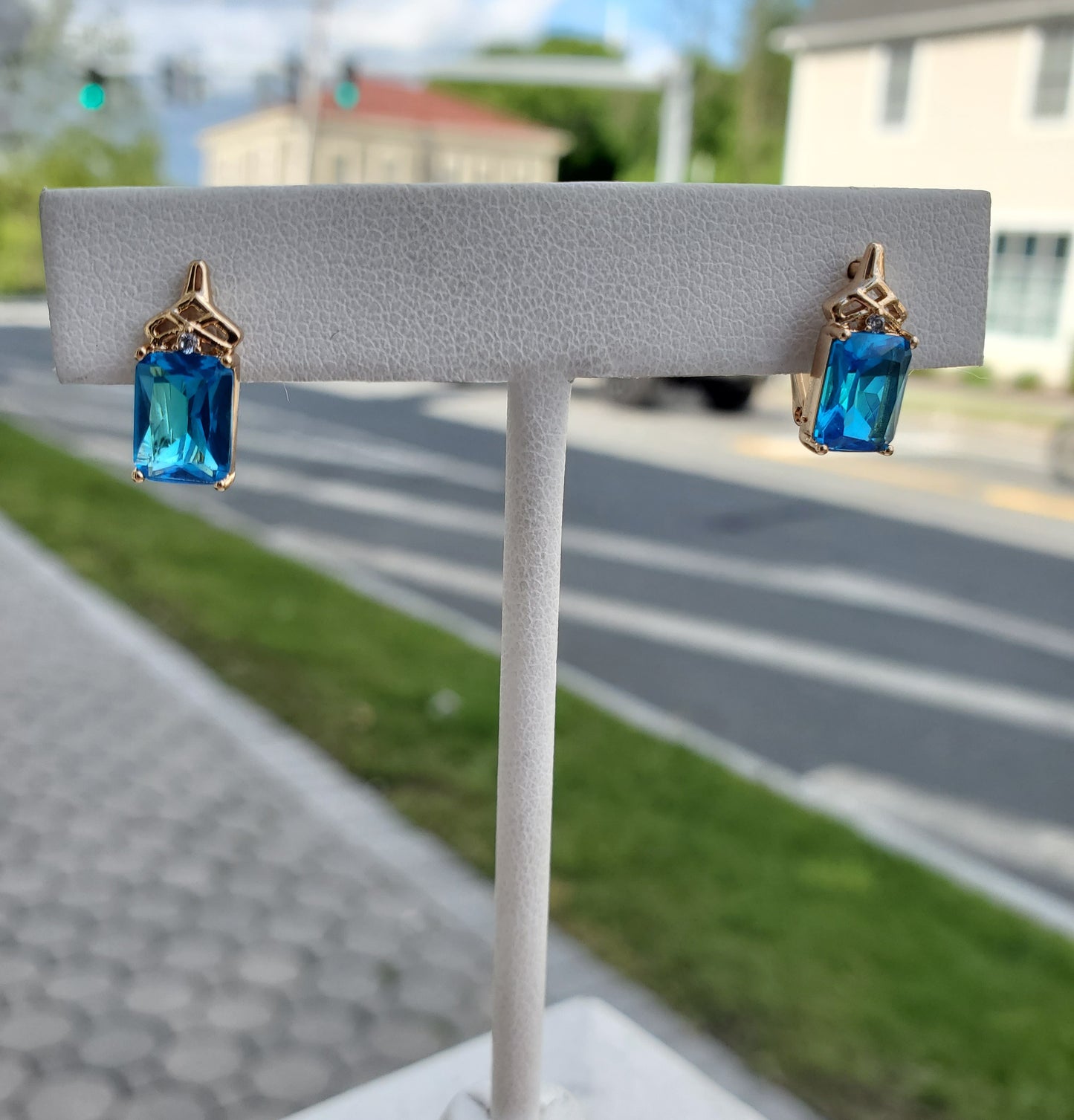Stainless Steel Gold Plated Simulated Blue Topaz Leaversnap Earrings