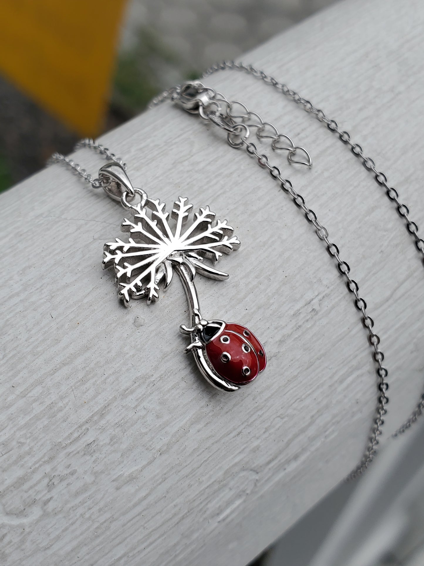 925 Sterling Silver Dandelion Enameled Ladybug "Make a wish" Necklace