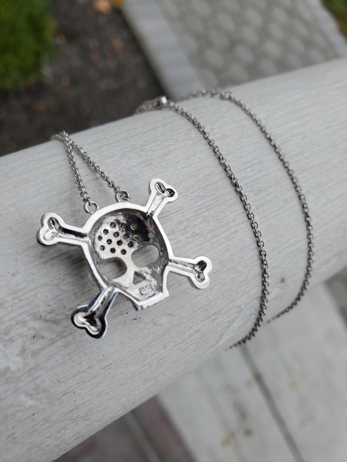 925 Sterling Silver Skull & Crossbones CZ Zirconia Necklace