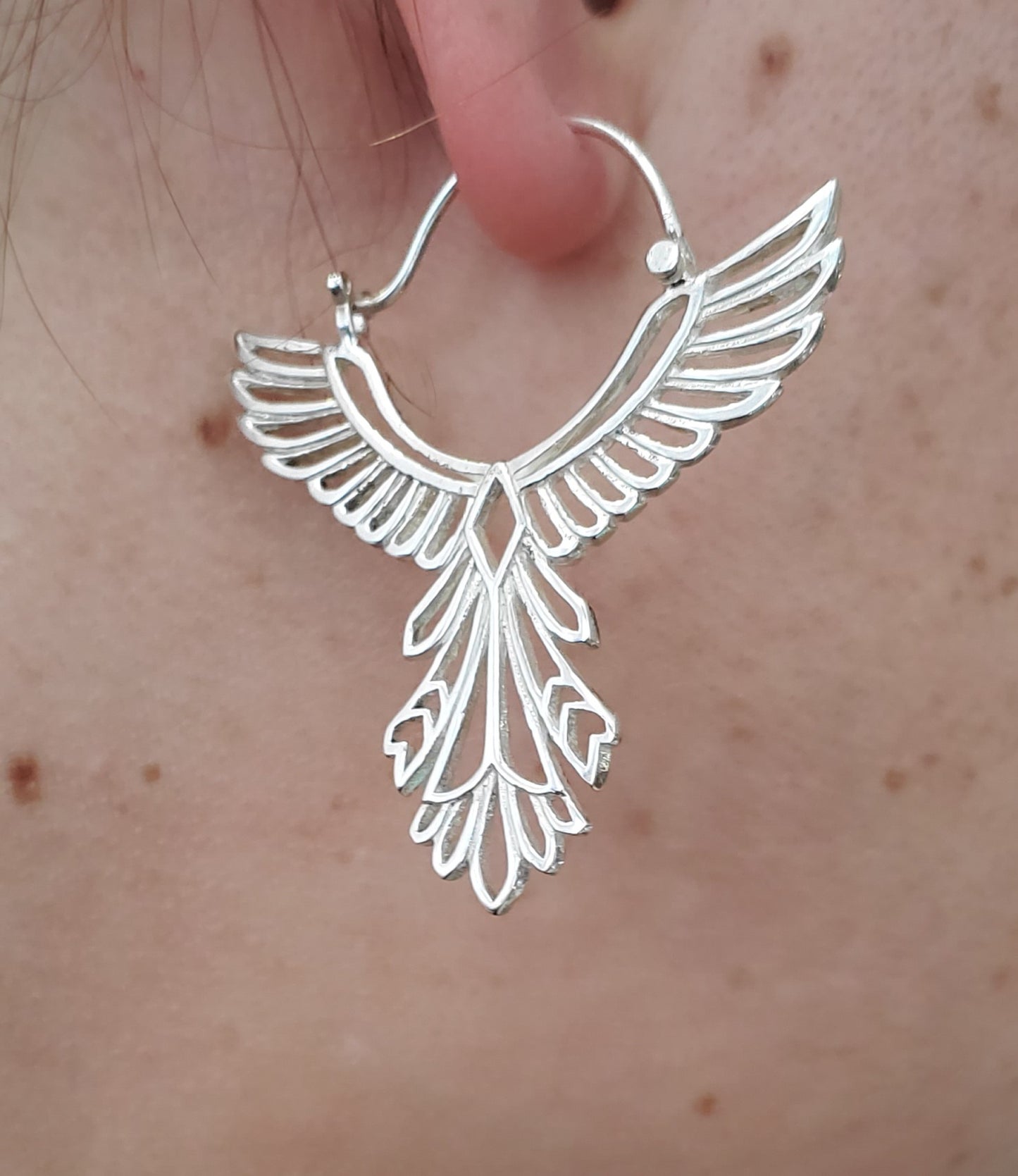925 Sterling Silver Egyptian Angel Wing Phoenix Filagre Hoop Earrings