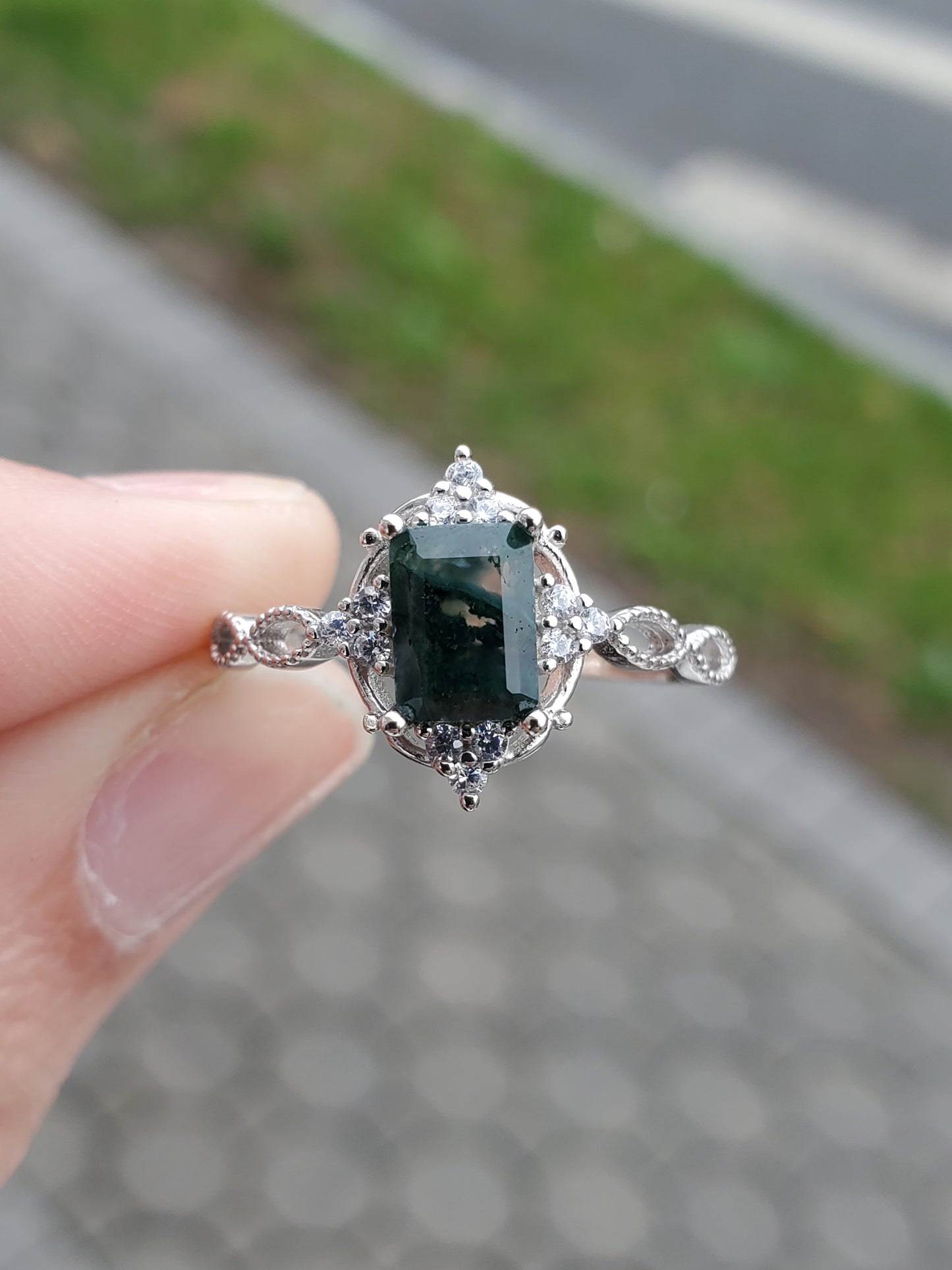 925 Sterling Silver Emerald Cut Mossy Agate Zirconia Ring
