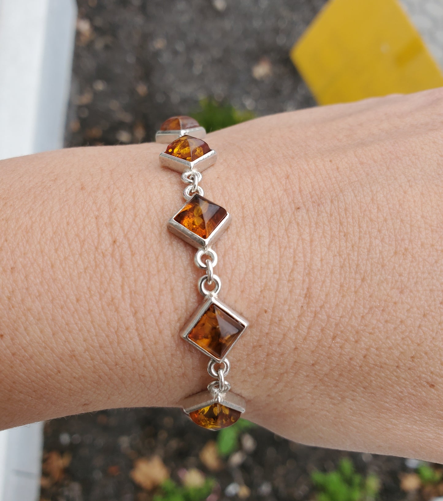 925 Sterling Silver Princess Cut Amber Bracelet