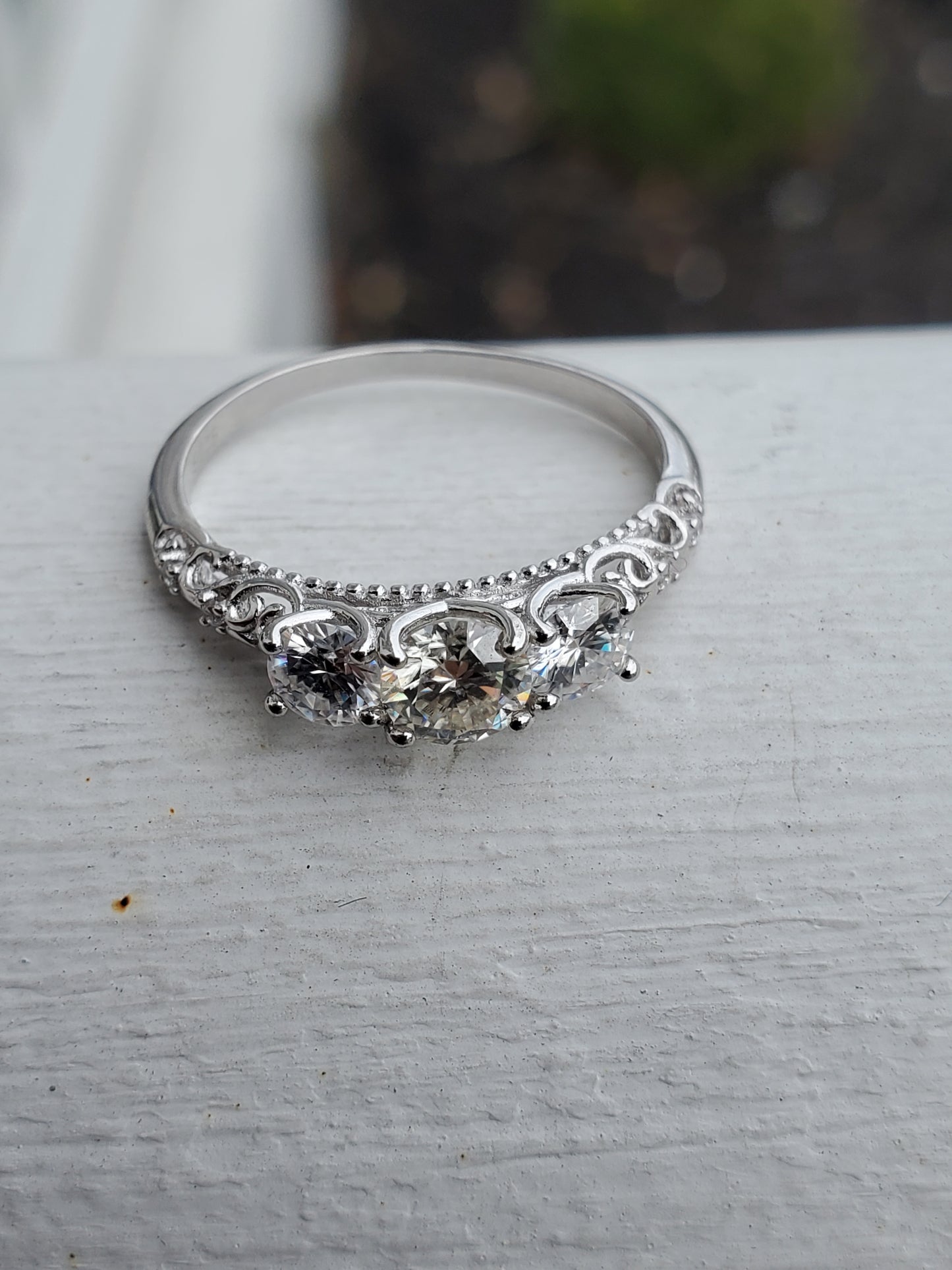 925 Sterling Silver Moissanite Diamond Past Present Future Filagre Ring