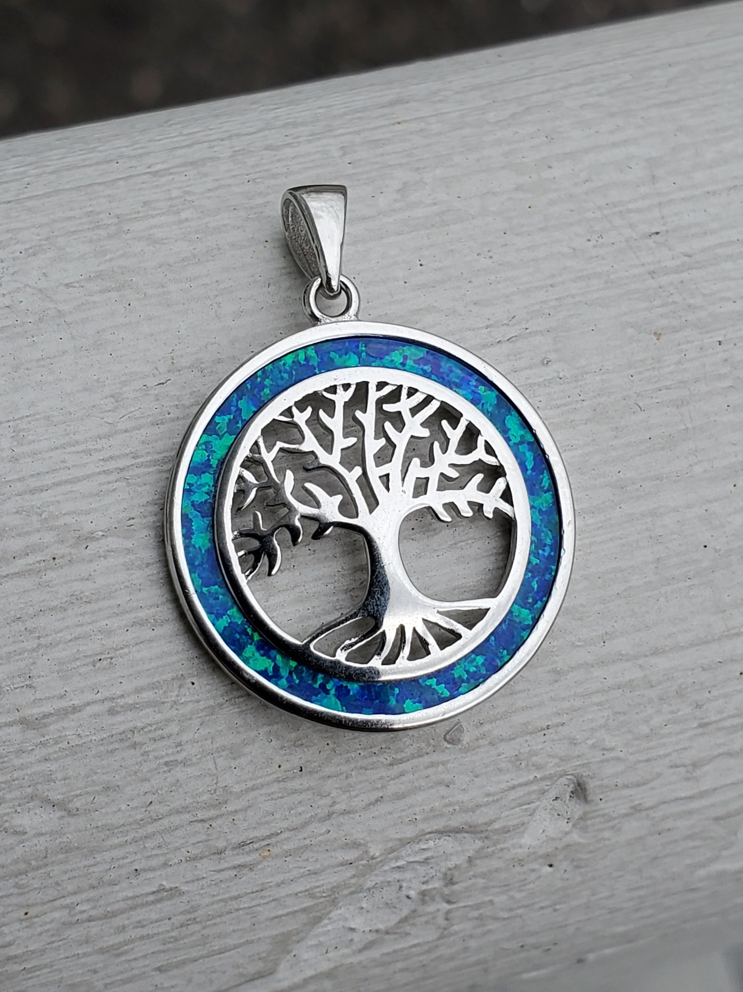 925 Sterling Silver Blue Fire Opal Family Tree Pendant