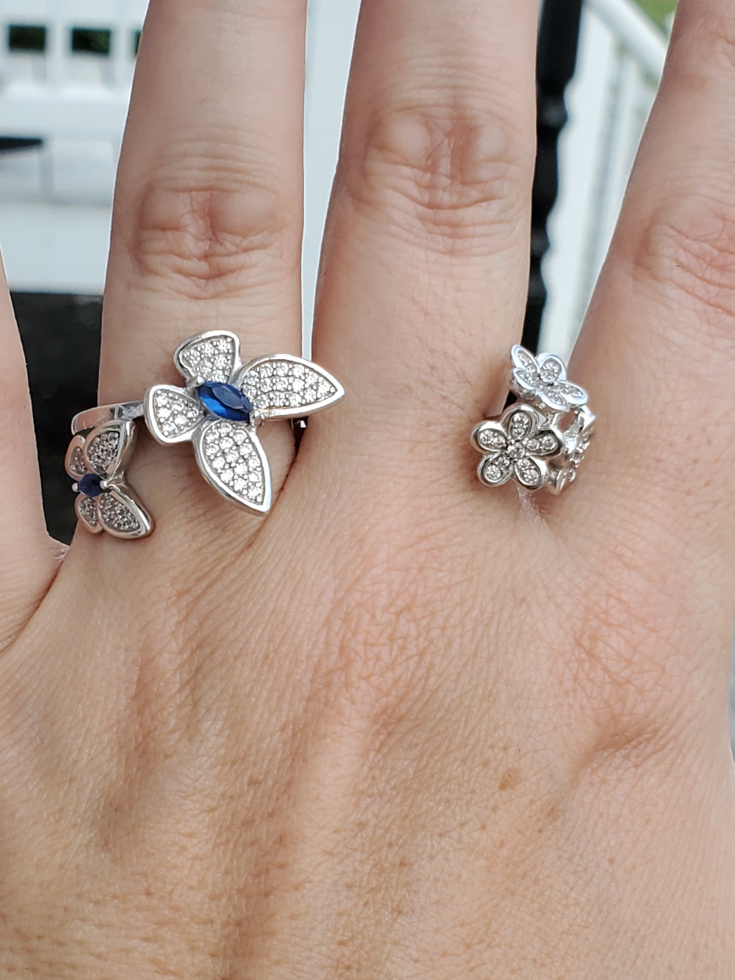 925 Sterling Silver Butterfly Bouquet 💐 Lab-Created Sapphire & Zirconia double finger ring