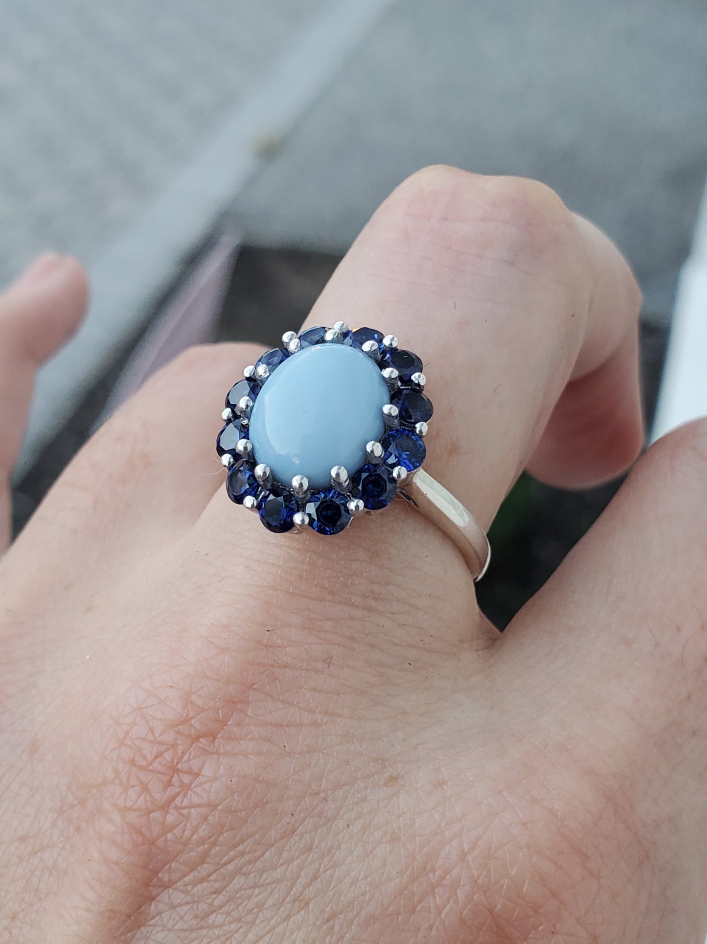 925 Sterling Silver Ladies Oval Blue Chalcedony & Simulated Sapphire Halo Ring