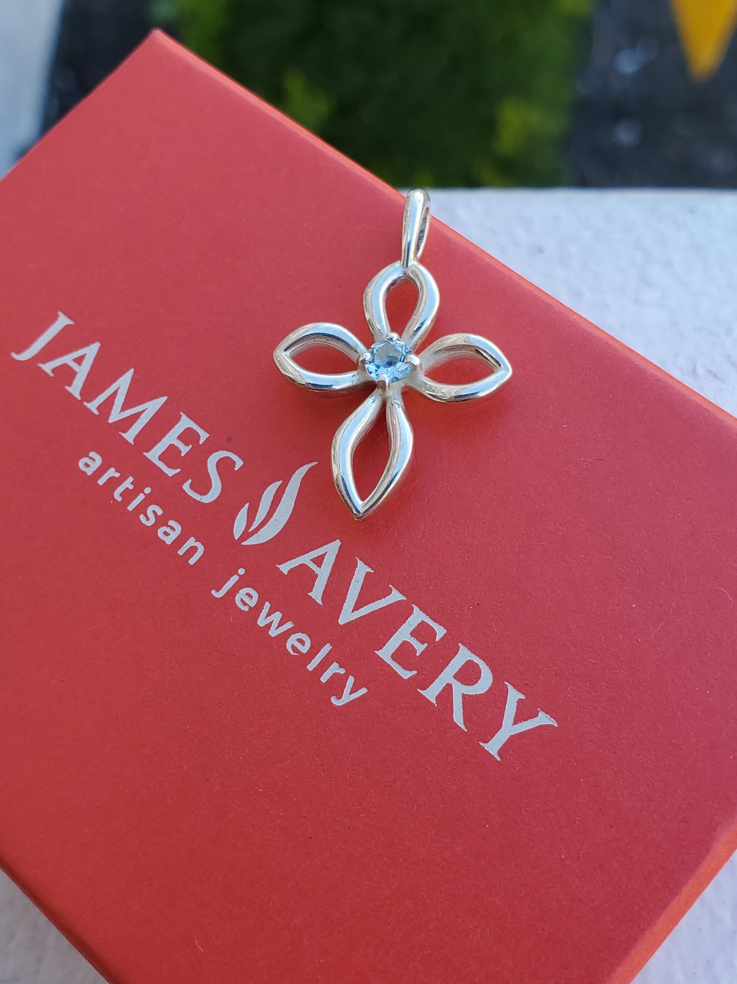925 Sterling Silver Designer James Avery Aquamarine Cross Pendant Charm Necklace