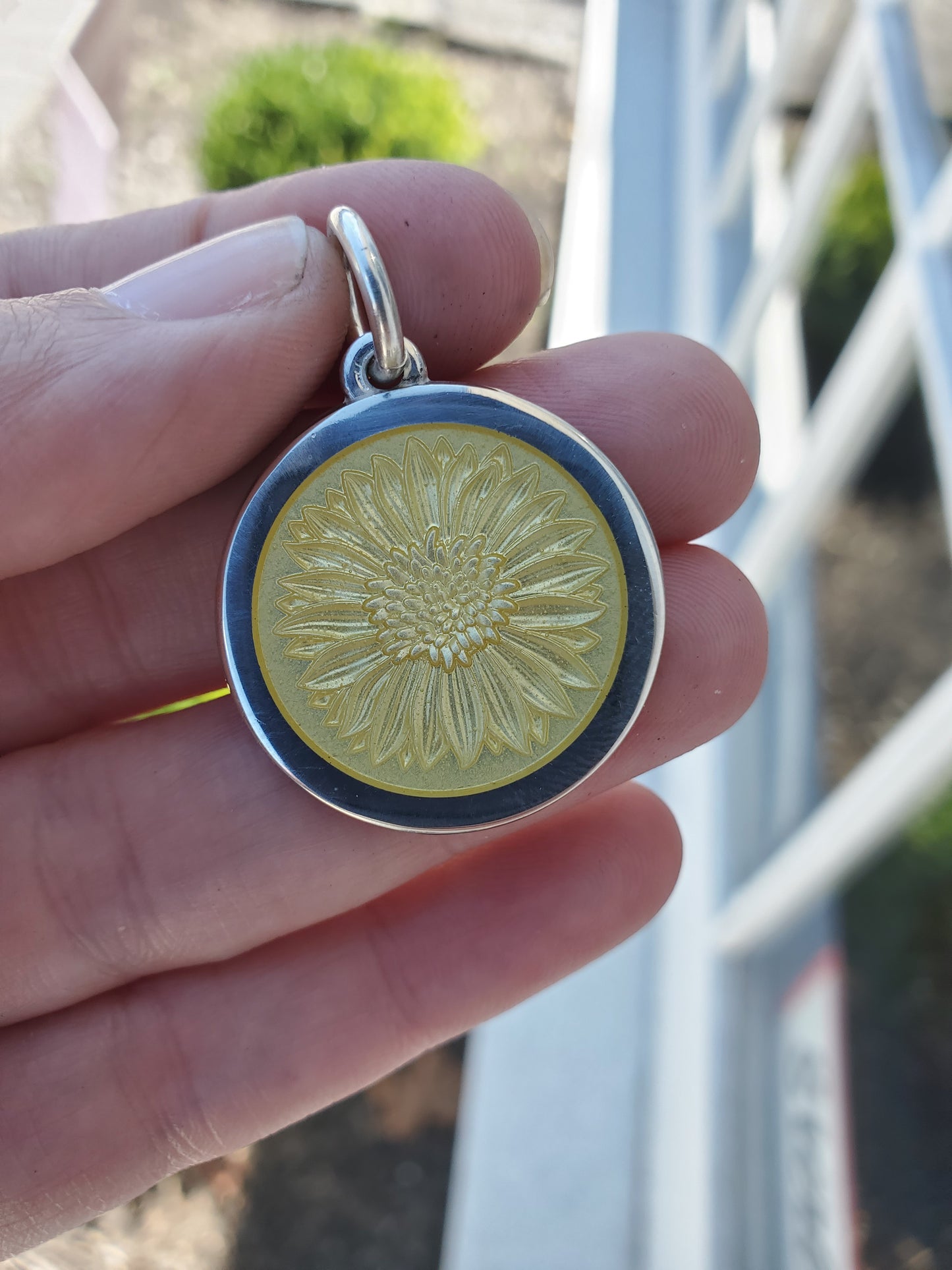 925 Sterling Silver COLBY DAVIS Sunflower Yellow Glass Enamel Pendant Always Shine