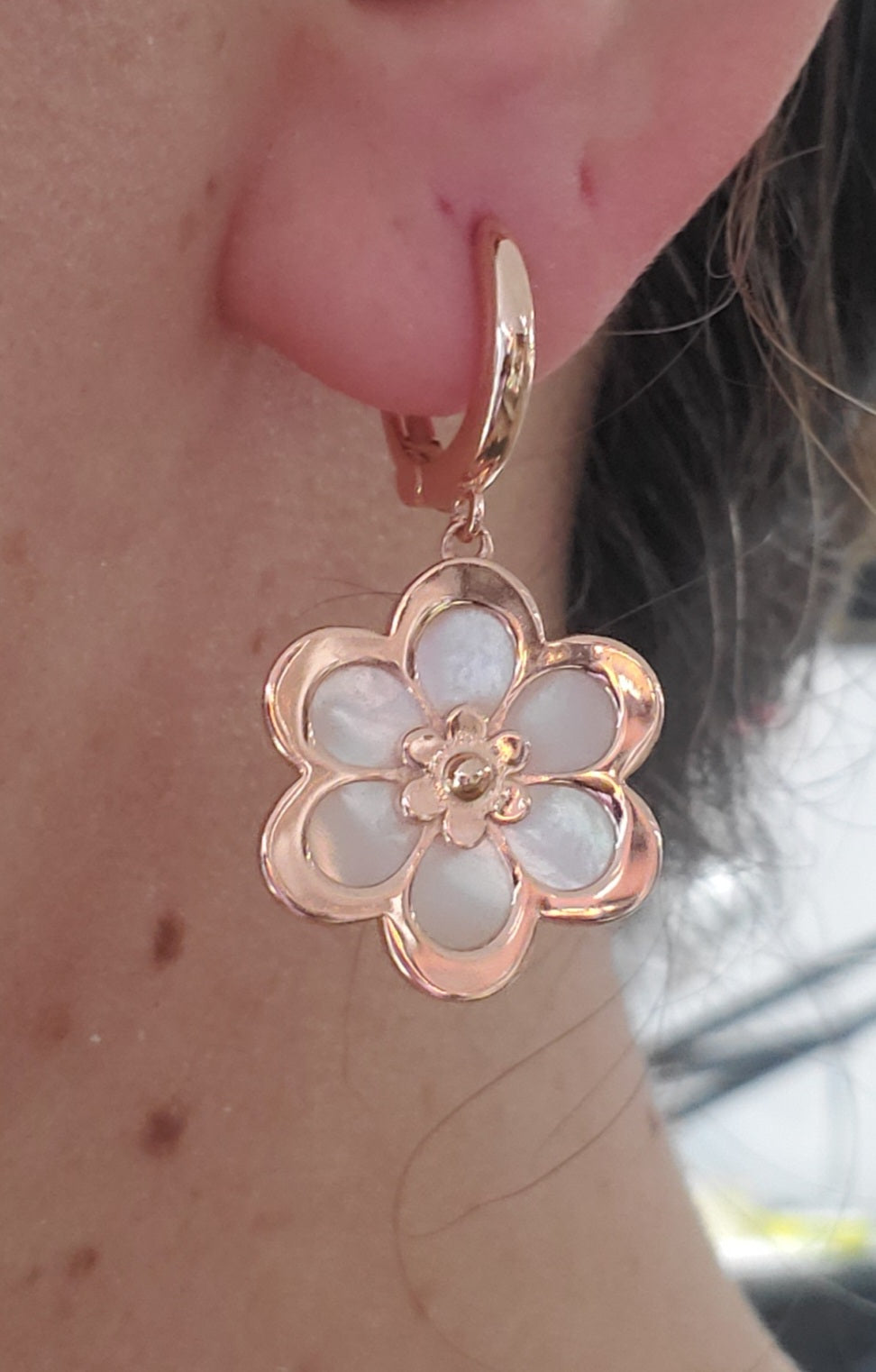 925 Sterling Silver Rose Vermeil Mother of Pearl Flower Leaverback Earrings