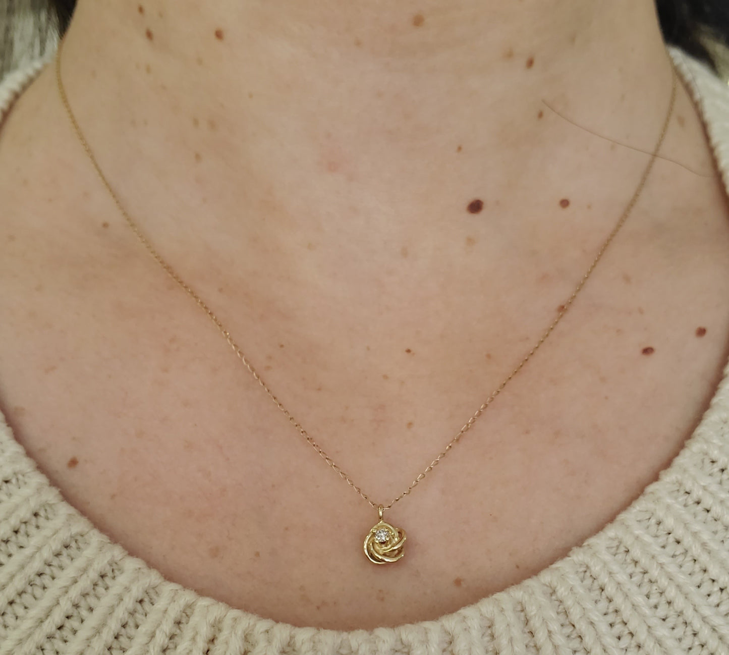 14k Solid Gold Petite Diamond Solitare Love Knot Necklace