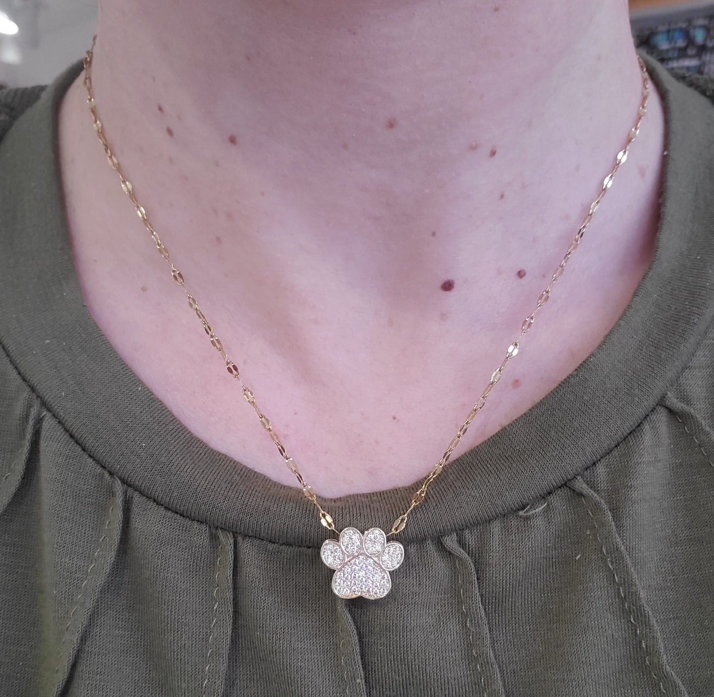 Stainless Steel Gold Plated Ladies Pawprint Zirconia Necklace