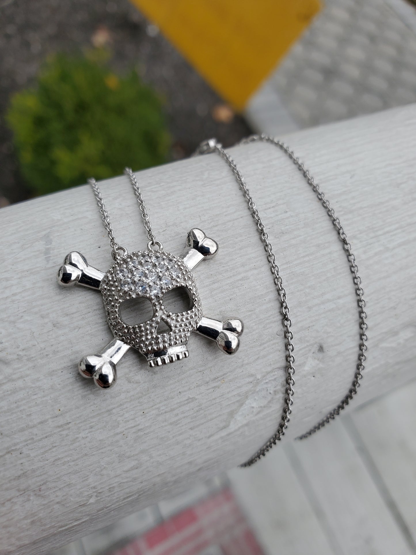 925 Sterling Silver Skull & Crossbones CZ Zirconia Necklace