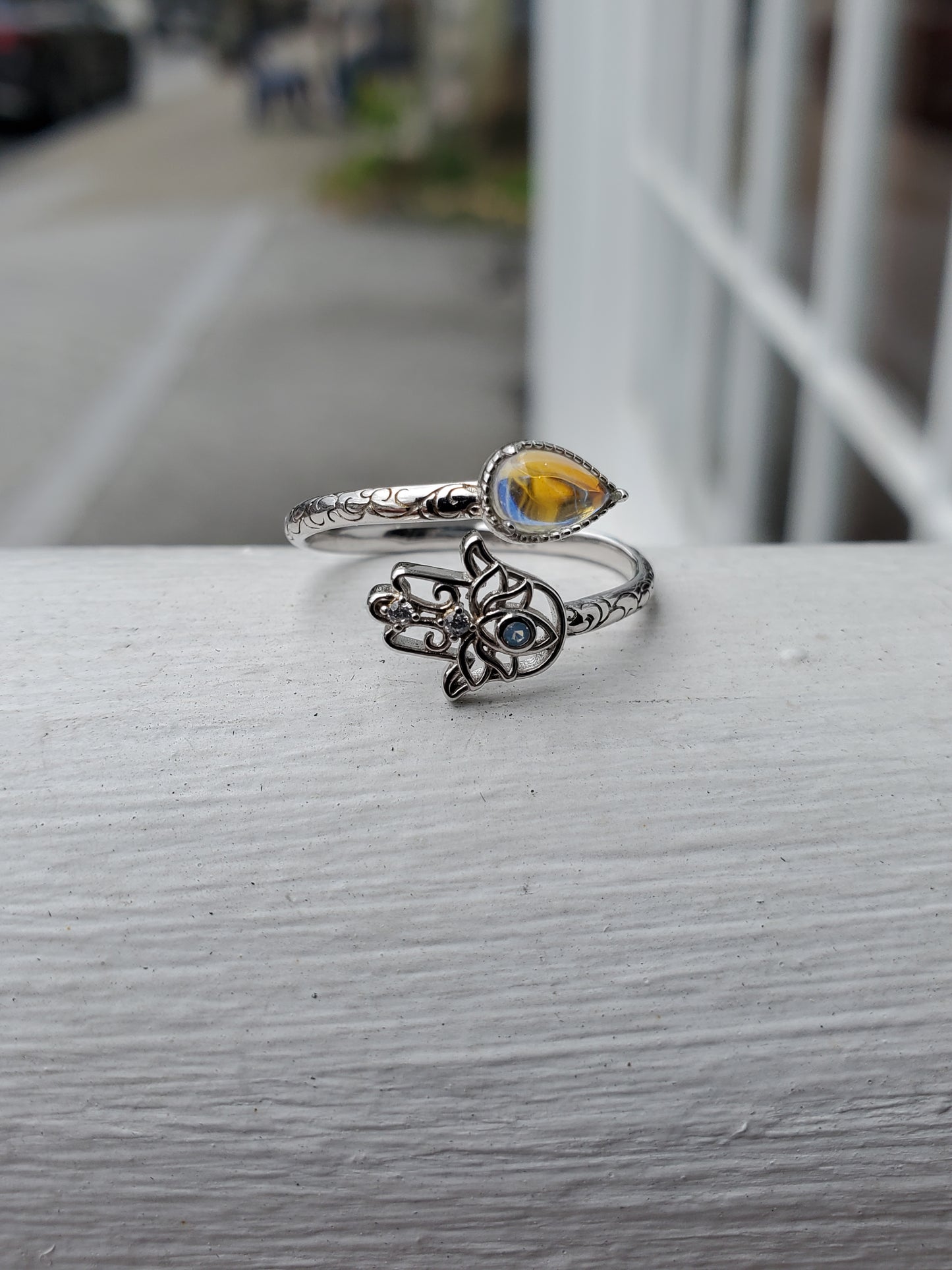 925 Sterling Silver Ladies Hamsa Opalite Bypass Filagre Ring