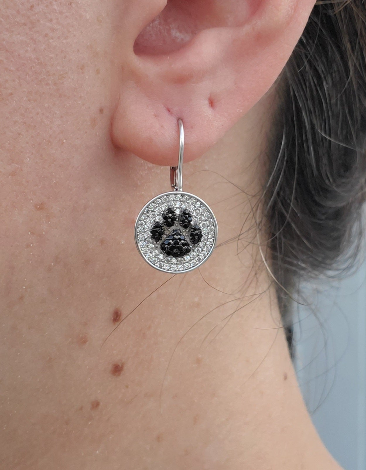 925 Sterling Silver Pet Pawprint Black & Clear Zirconia Leaverback Earrings