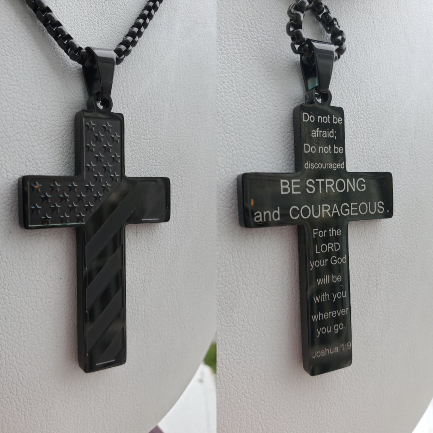 Stainless Steel Black Proud American Flag Cross Joshua 1:9 Necklace Pendant