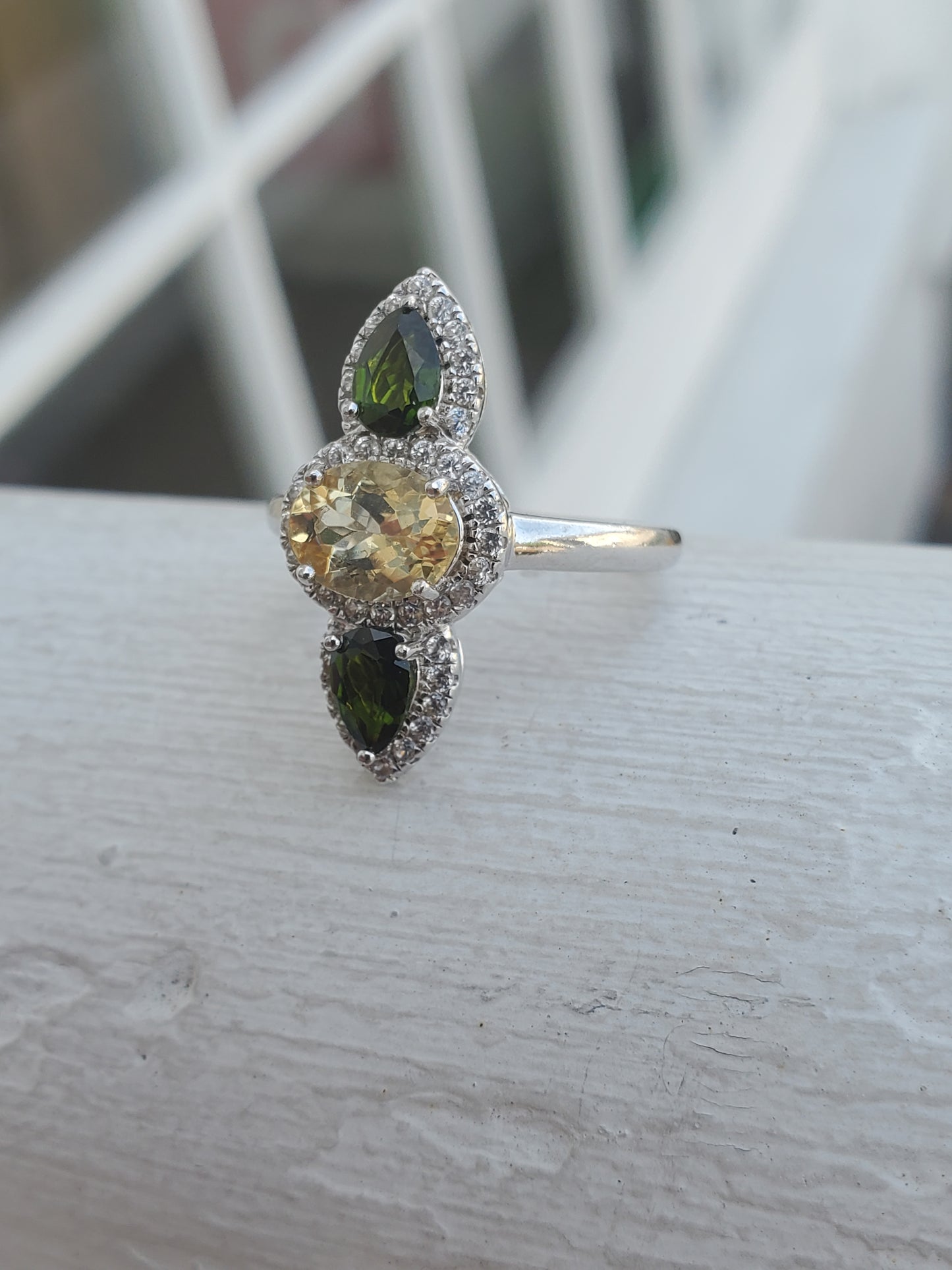 925 Sterling Silver Vertical Chrome Diopside & Citrine Topaz Ring