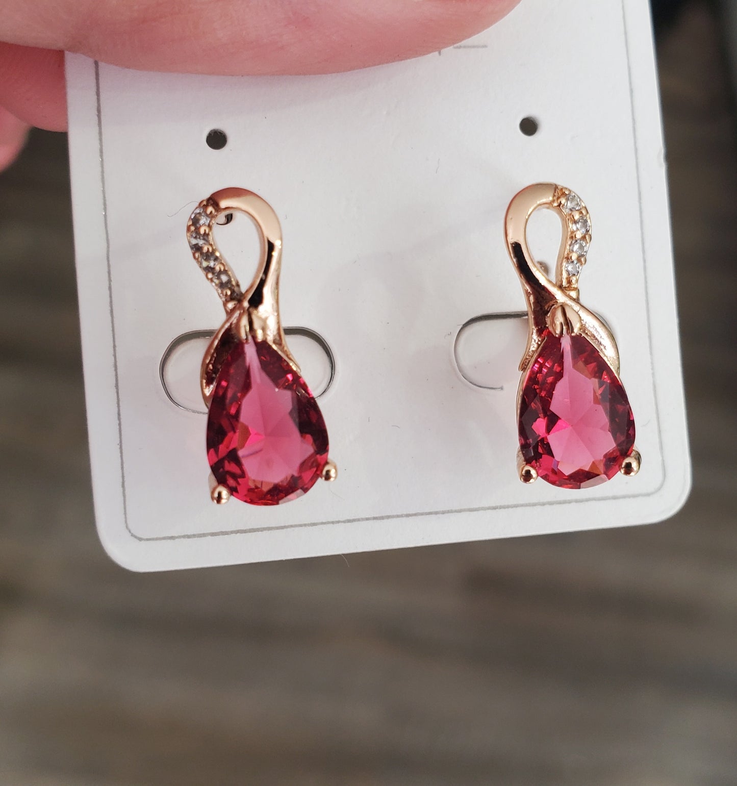 Stainless Steel Rose Vermeil Pear Shape Fushia Crystal Earrings