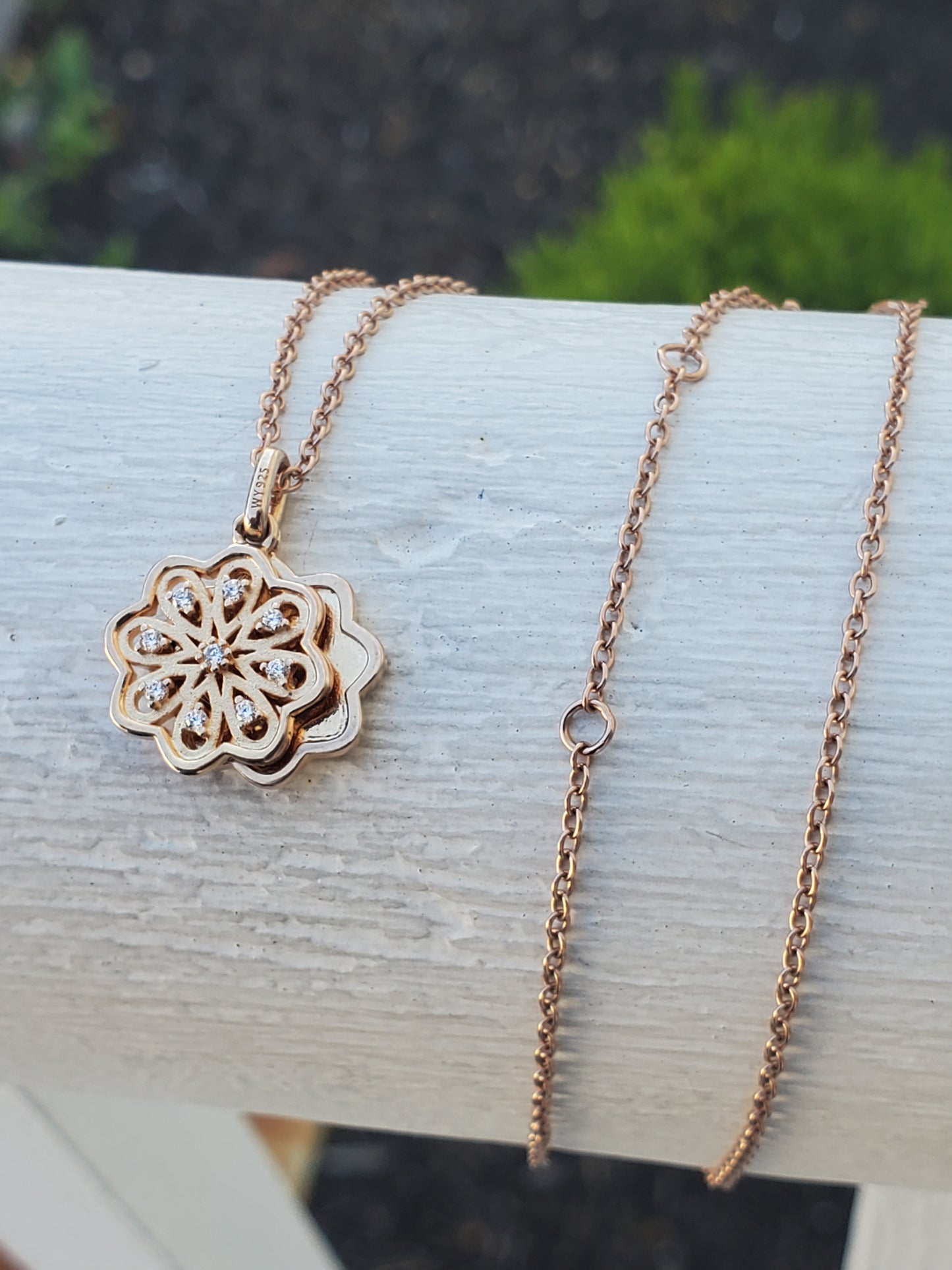 925 Sterling Silver Rose Vermeil Designer "With You" floral zirconia necklace