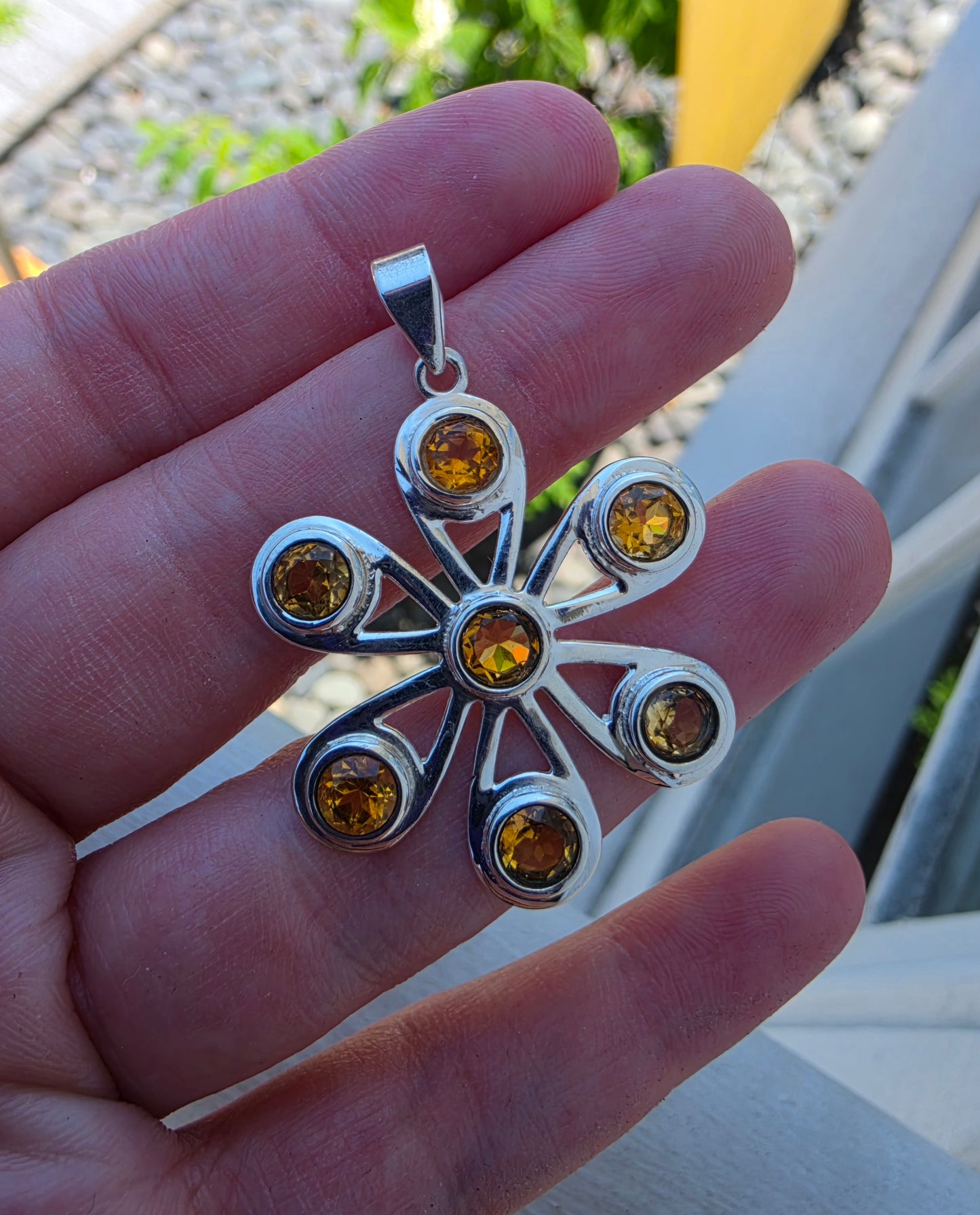 925 Sterling Silver Large Citrine Bezel Set Daisy Charm Pendant