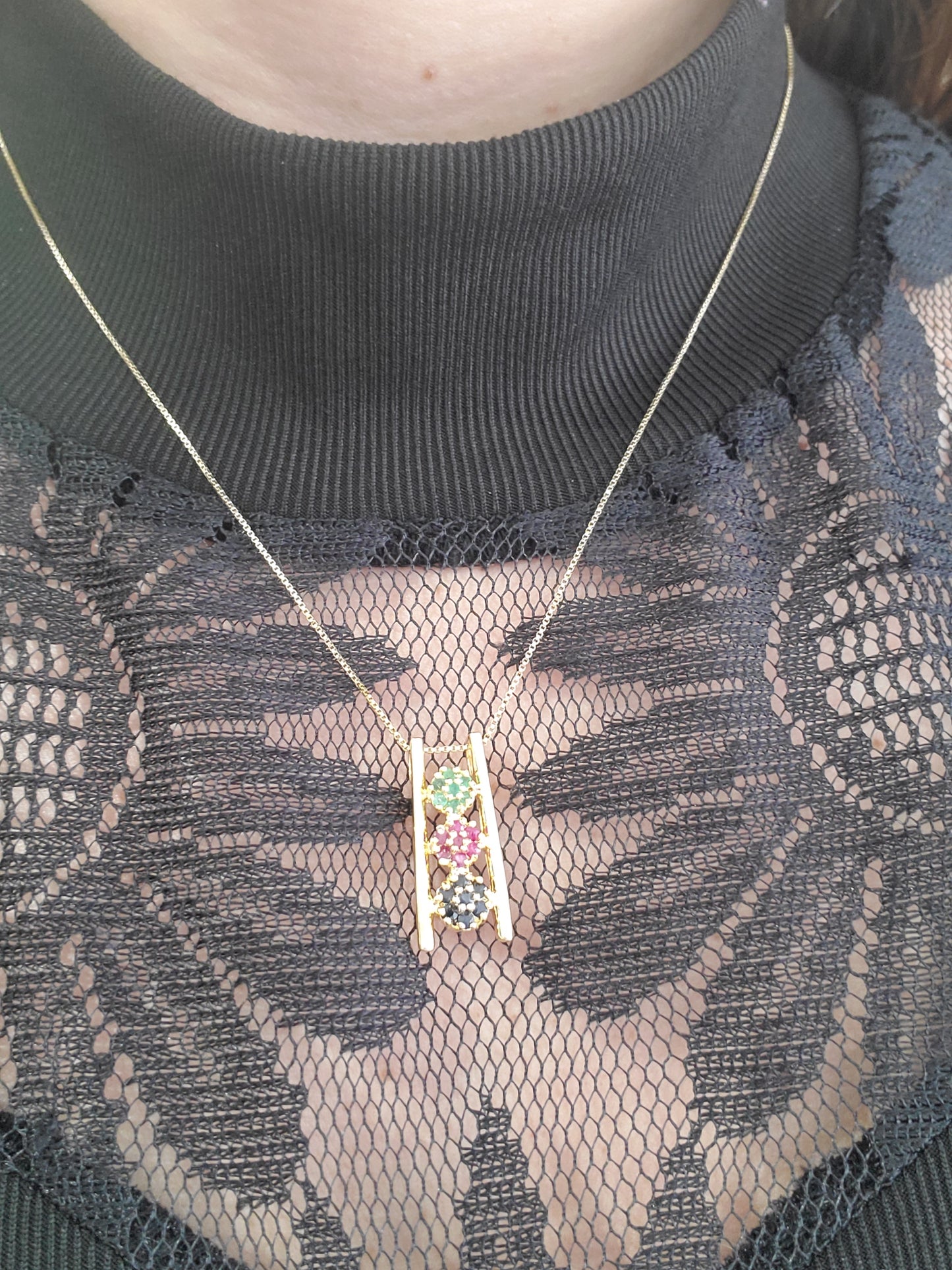 925 Sterling Silver Vermeil Natural Gemstone Ruby Sapphire & Emerald Tower Necklace