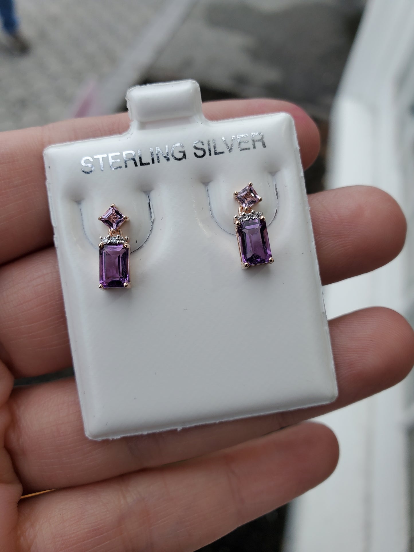 925 Sterling Silver Rose Vermeil Petite Emerald Cut Amethyst Dangle Earrings