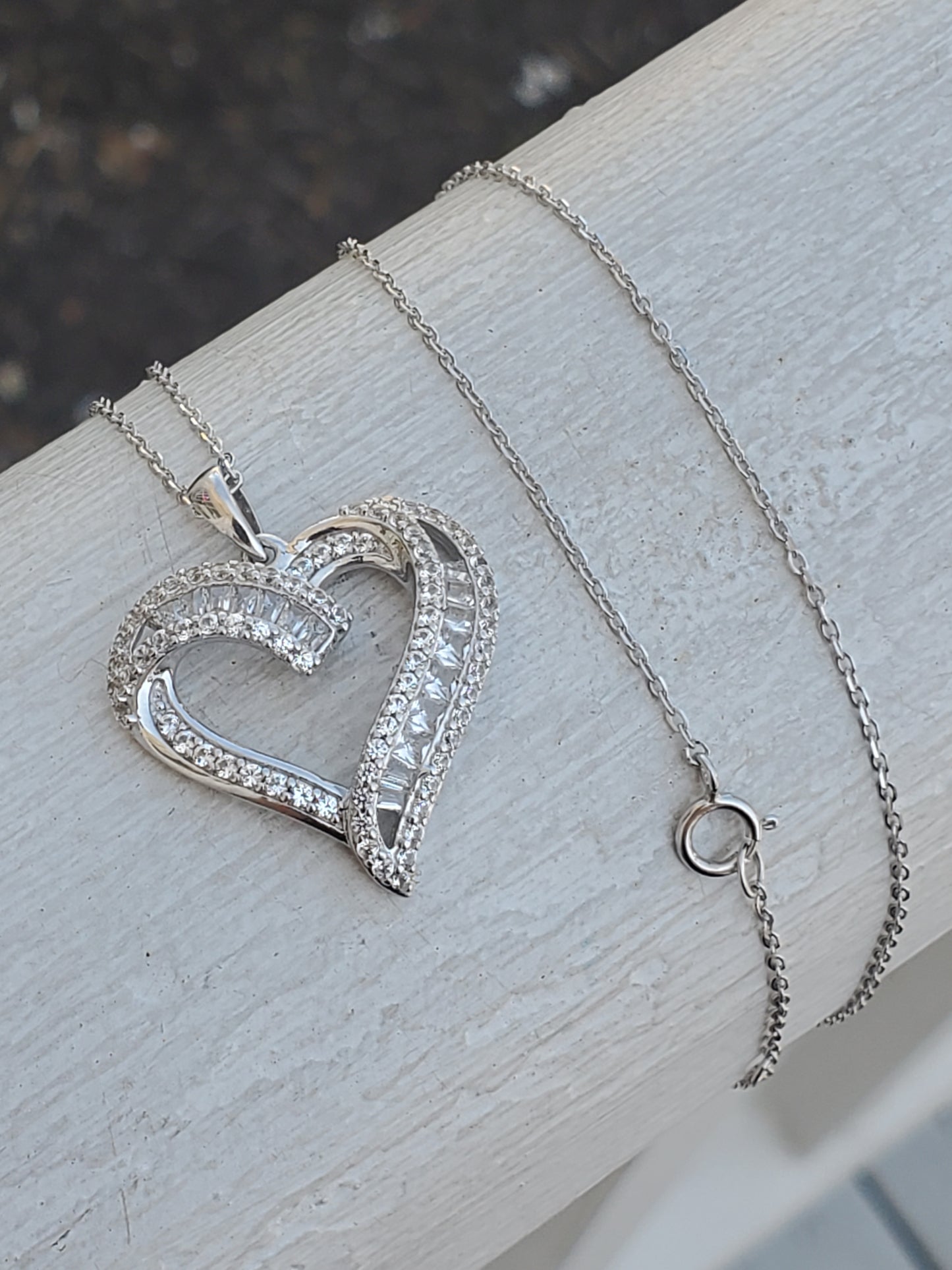 925 Sterling Silver Sweet Sentiments Open Heart White Topaz Baguette Necklace