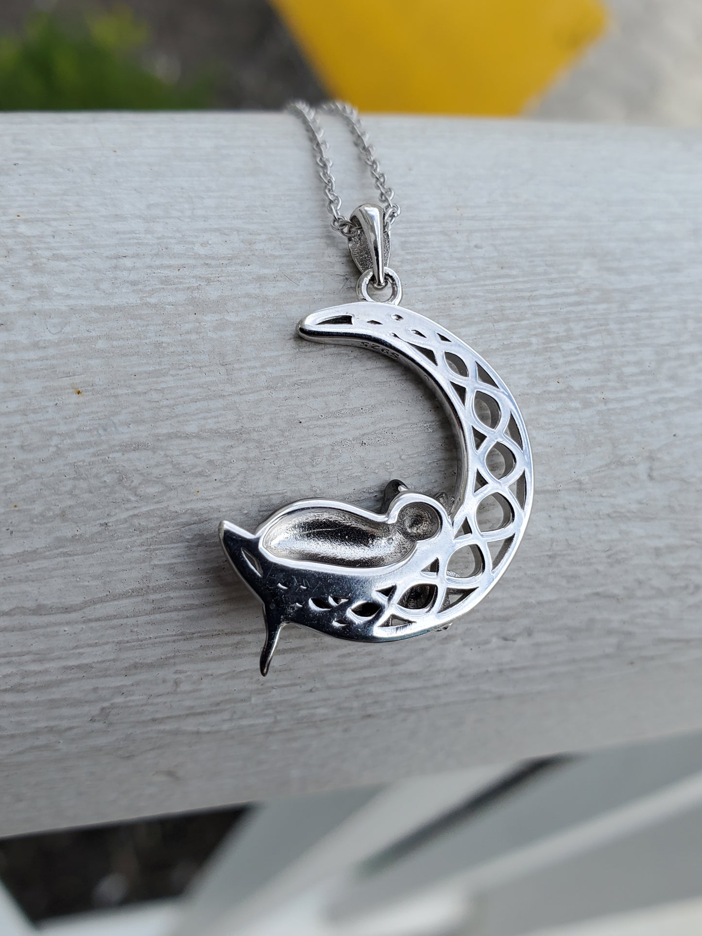 925 Sterling Silver Black Cat on Infinite Crescent Moon Necklace