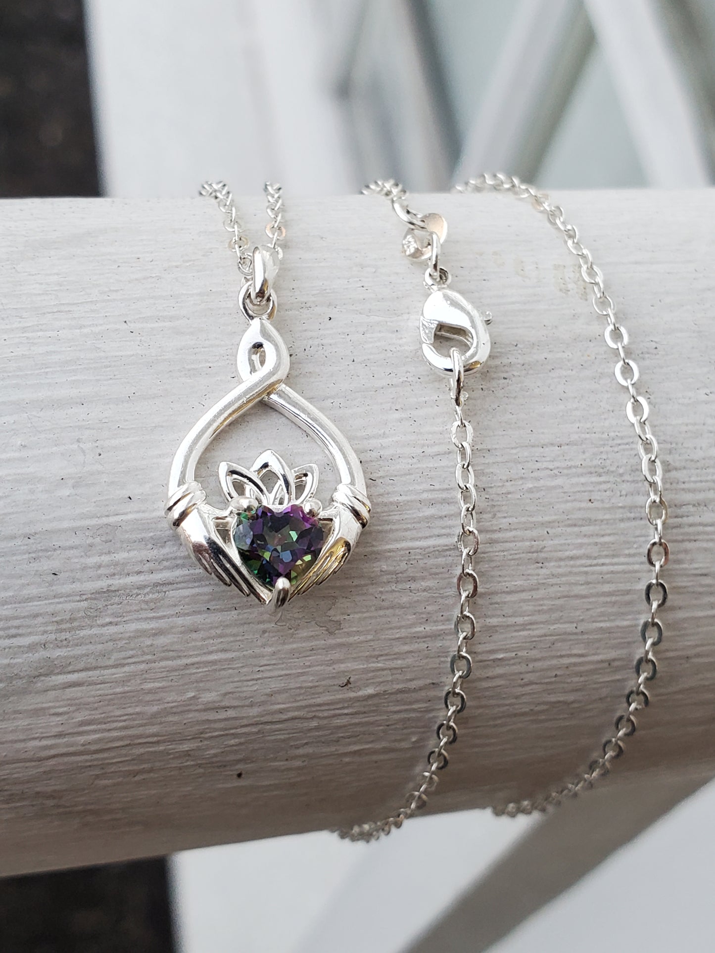 925 Sterling Silver Irish Claddagh Mystic Topaz Pendant Necklace