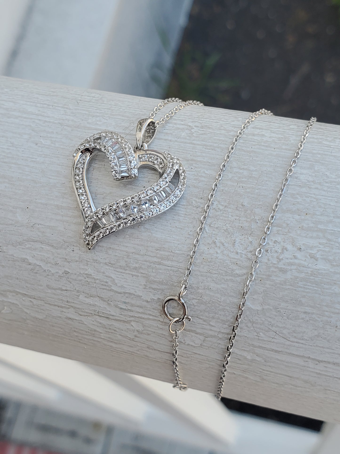 925 Sterling Silver Sweet Sentiments Open Heart White Topaz Baguette Necklace