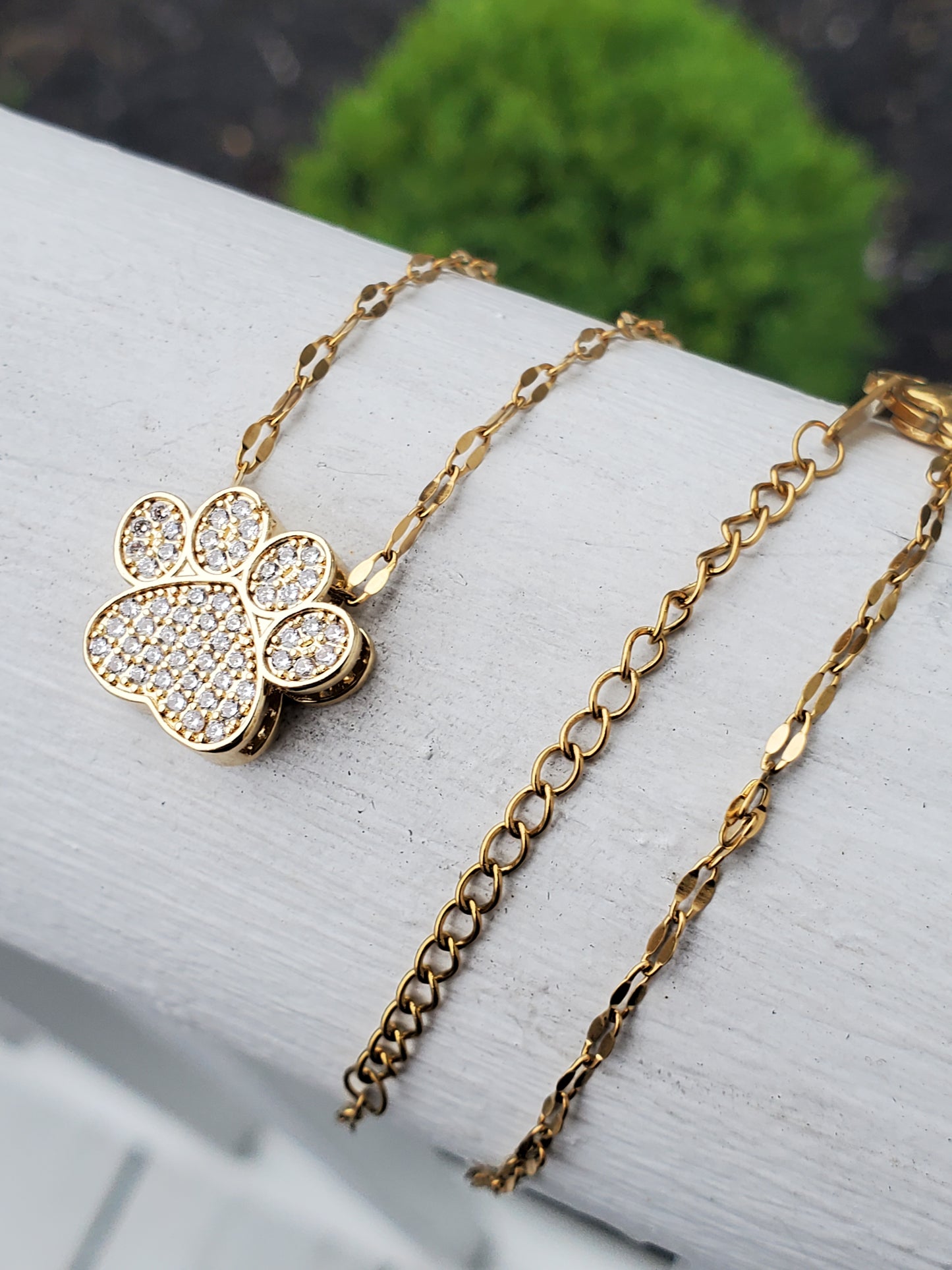 Stainless Steel Gold Plated Ladies Pawprint Zirconia Necklace