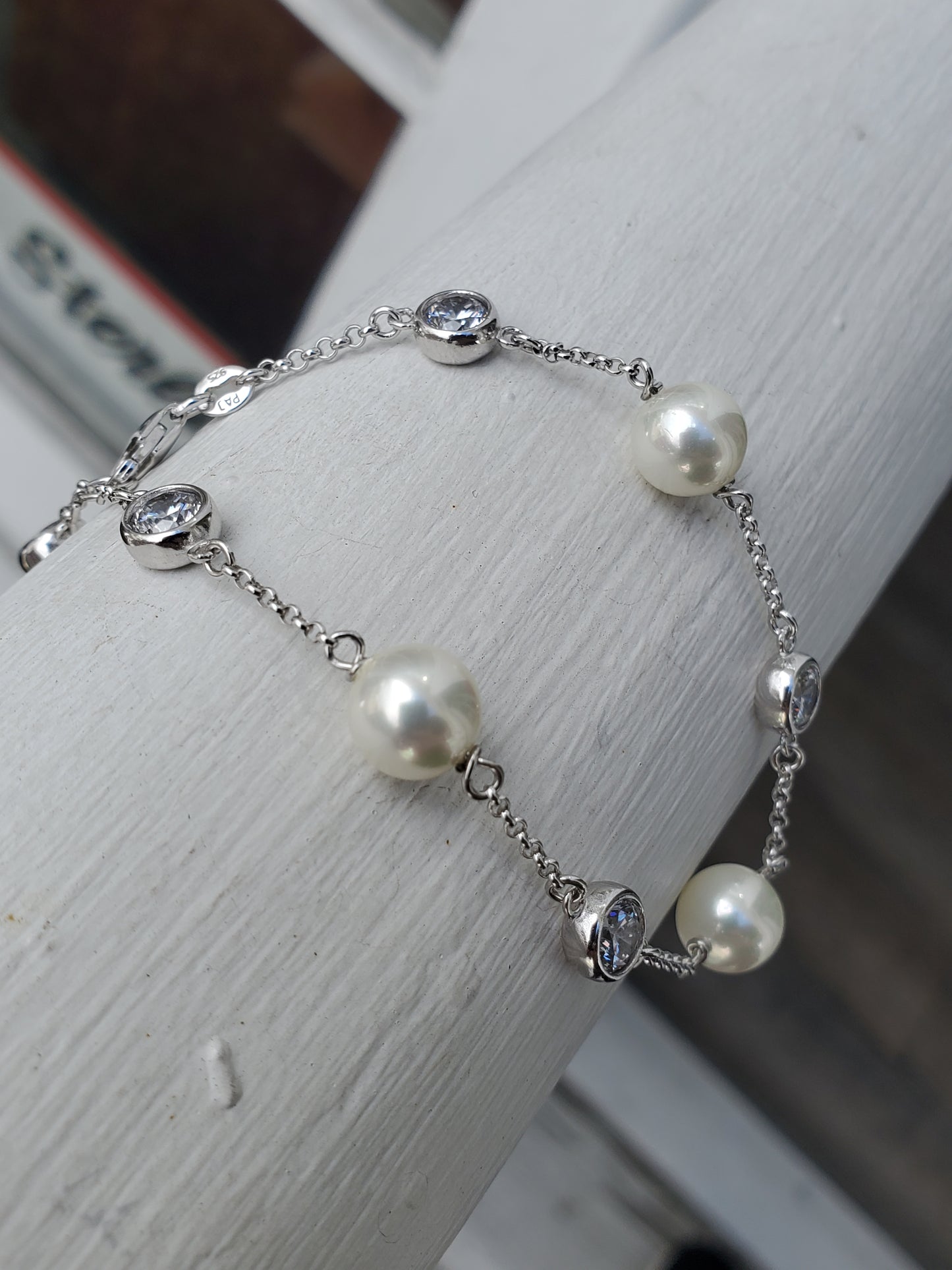 925 Sterling Silver Freshwater Pearl & Bezel Set Zirconia By the Yard Bracelet