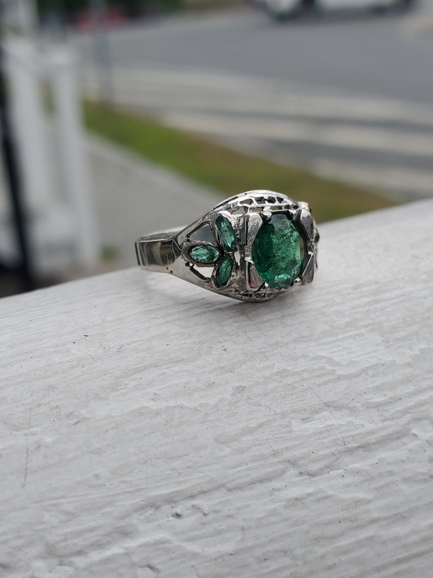 14k White Gold Antique Natural Oval & Marquise Emerald Ring