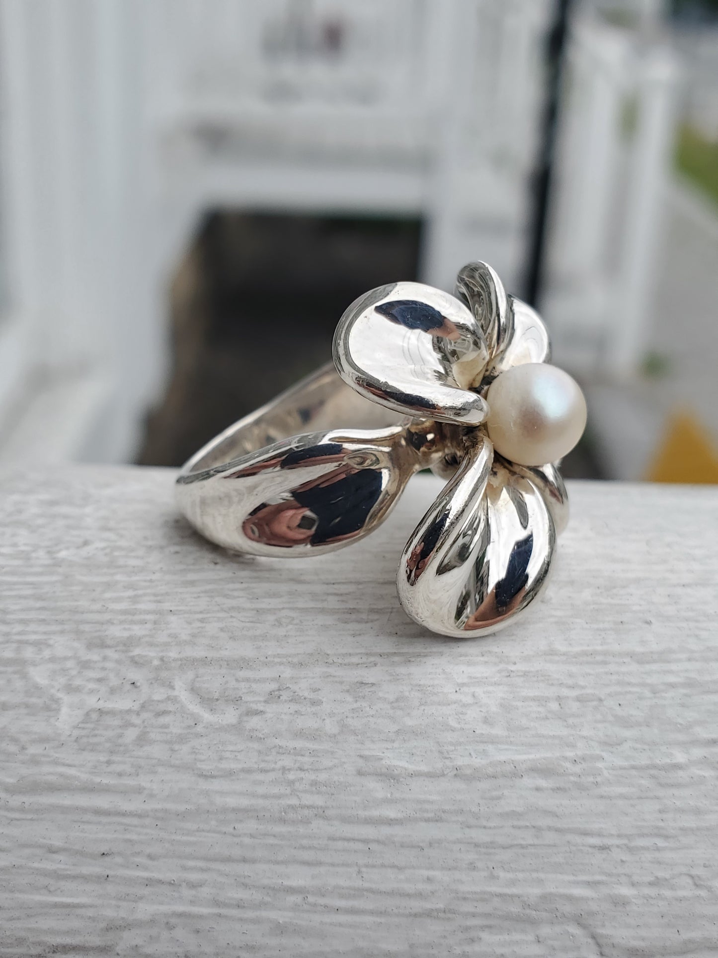 925 Sterling Silver Designer Anna King Pearl Orchid Flower Ring