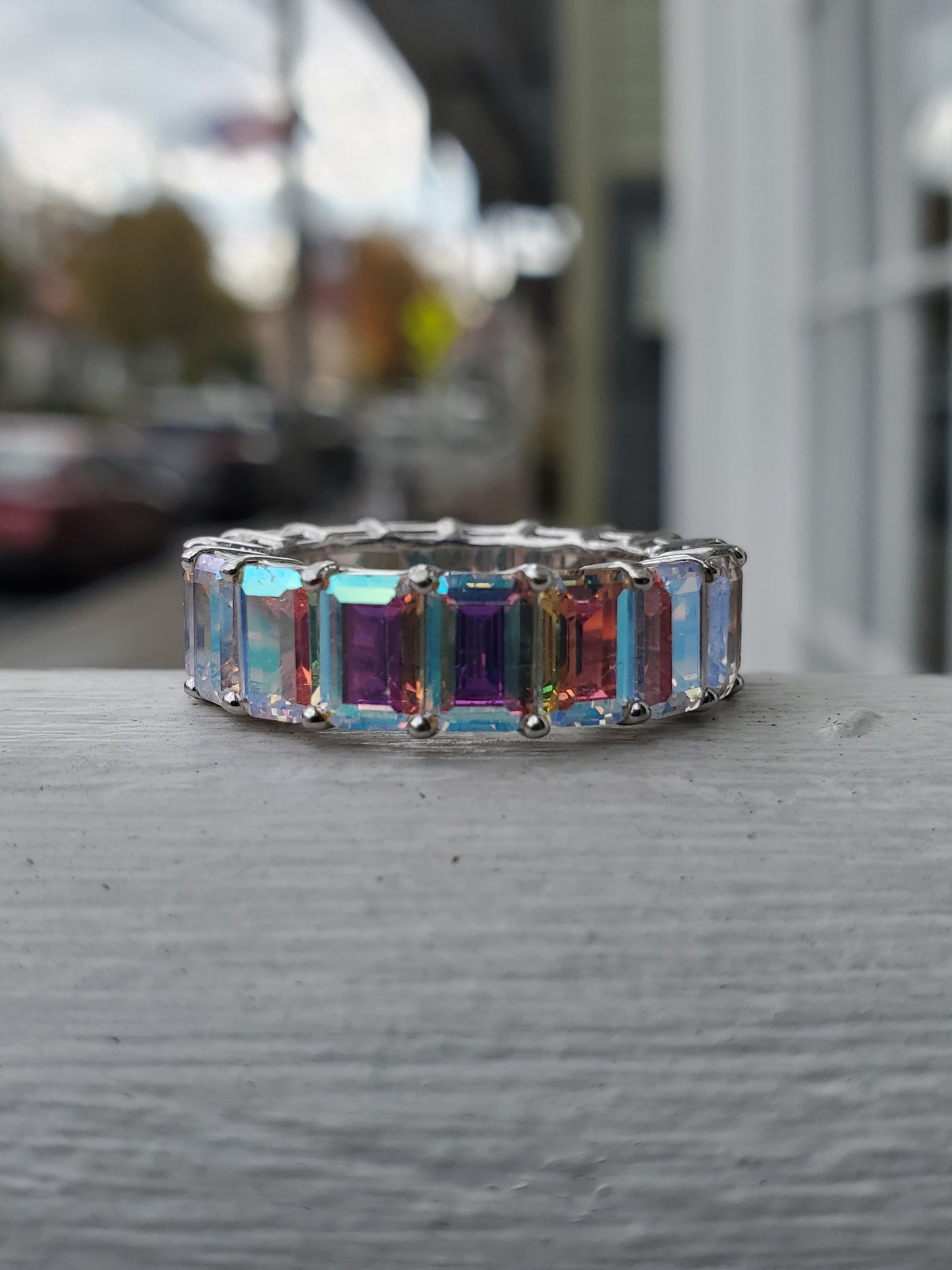 925 Sterling Silver Aurora Borealis AB Crystal Emerald Cut Eternity Band Ring
