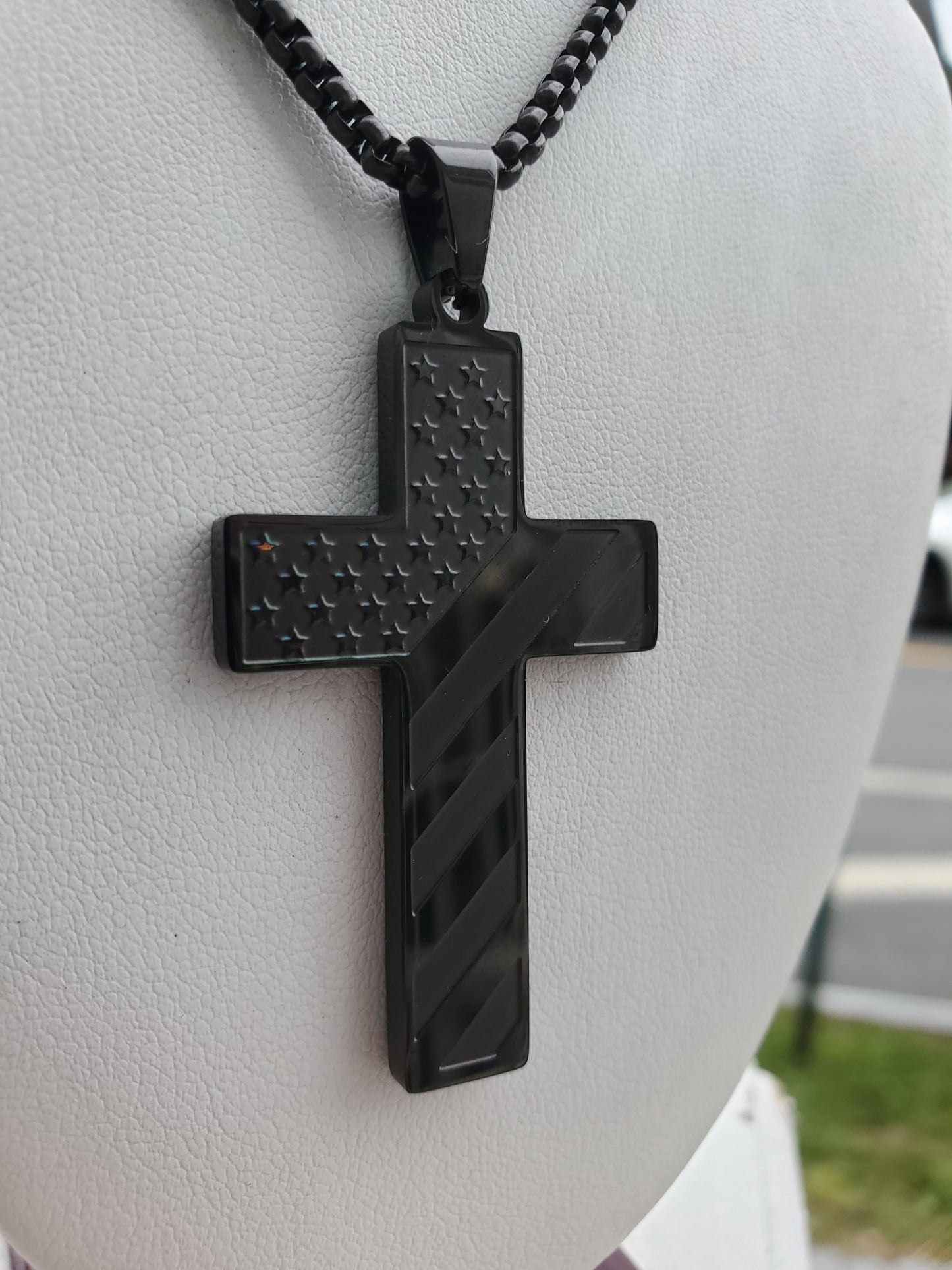 Stainless Steel Black Proud American Flag Cross Joshua 1:9 Necklace Pendant