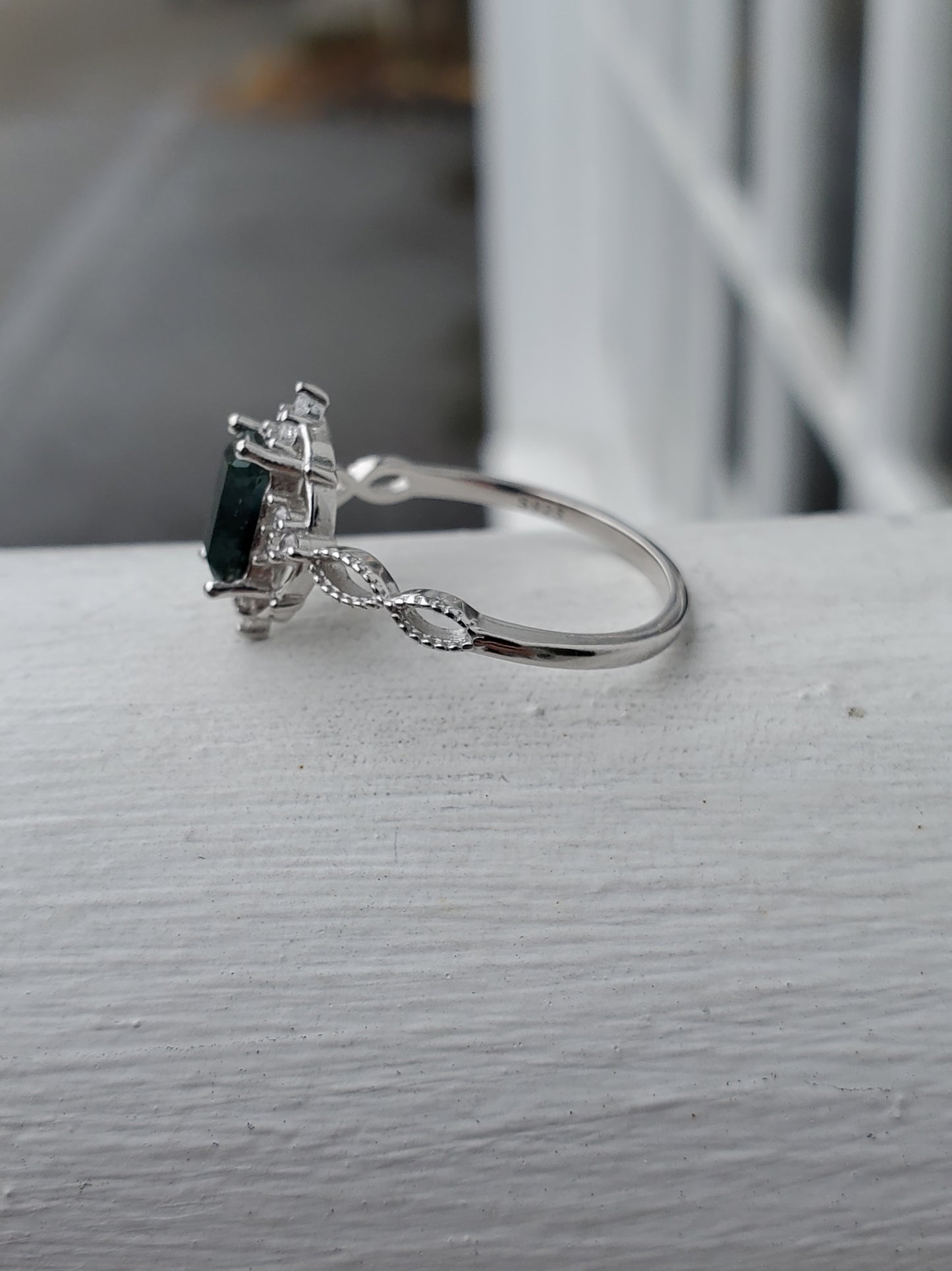 925 Sterling Silver Emerald Cut Mossy Agate Zirconia Ring