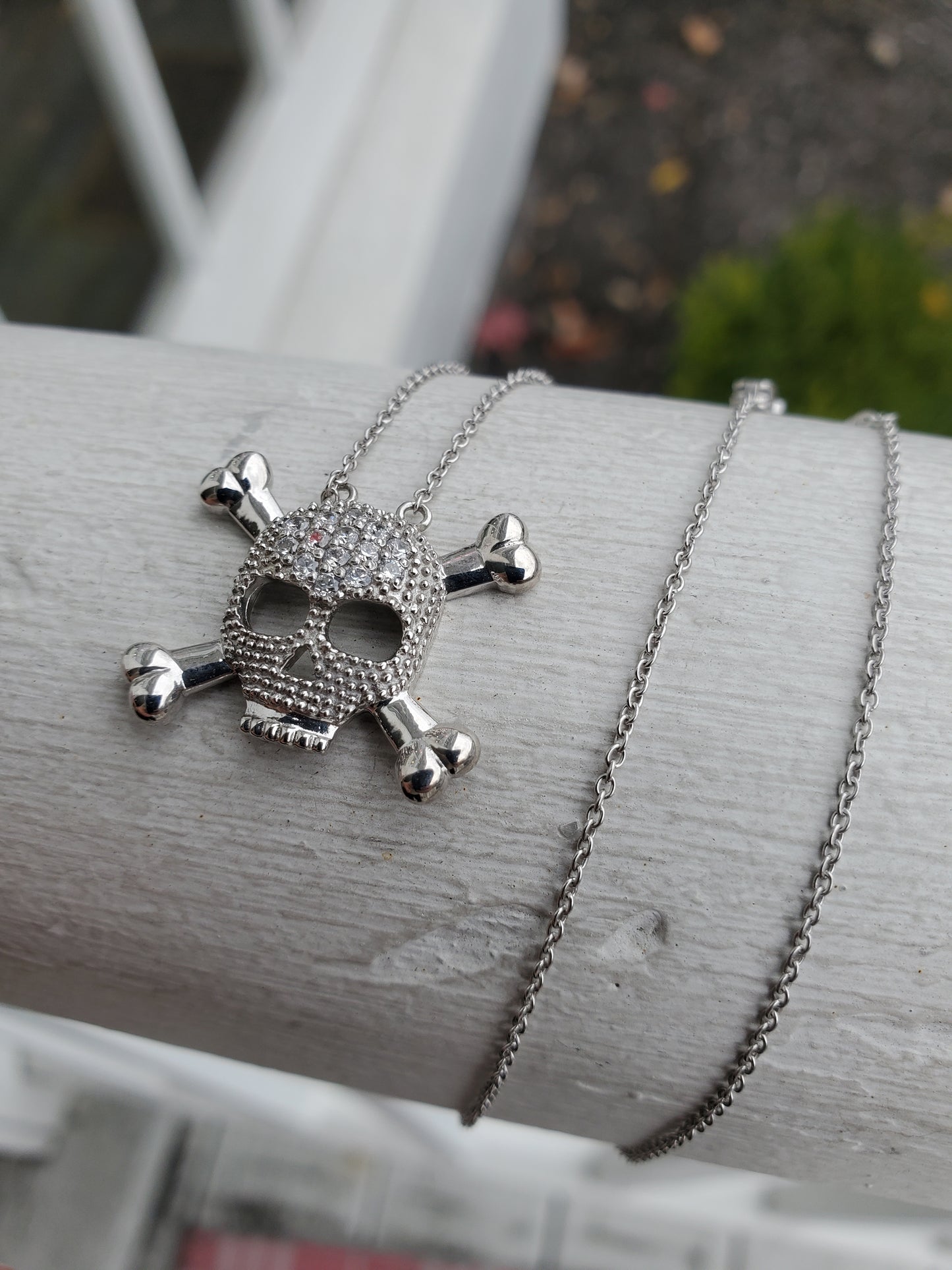 925 Sterling Silver Skull & Crossbones CZ Zirconia Necklace