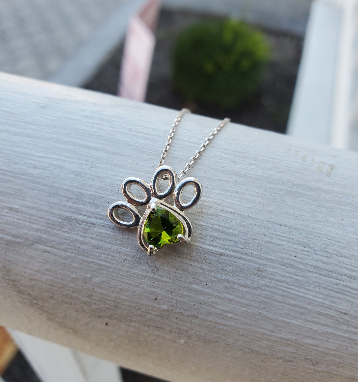 925 Sterling Silver Custom Made Simulated Peridot Pet Pawprint Necklace