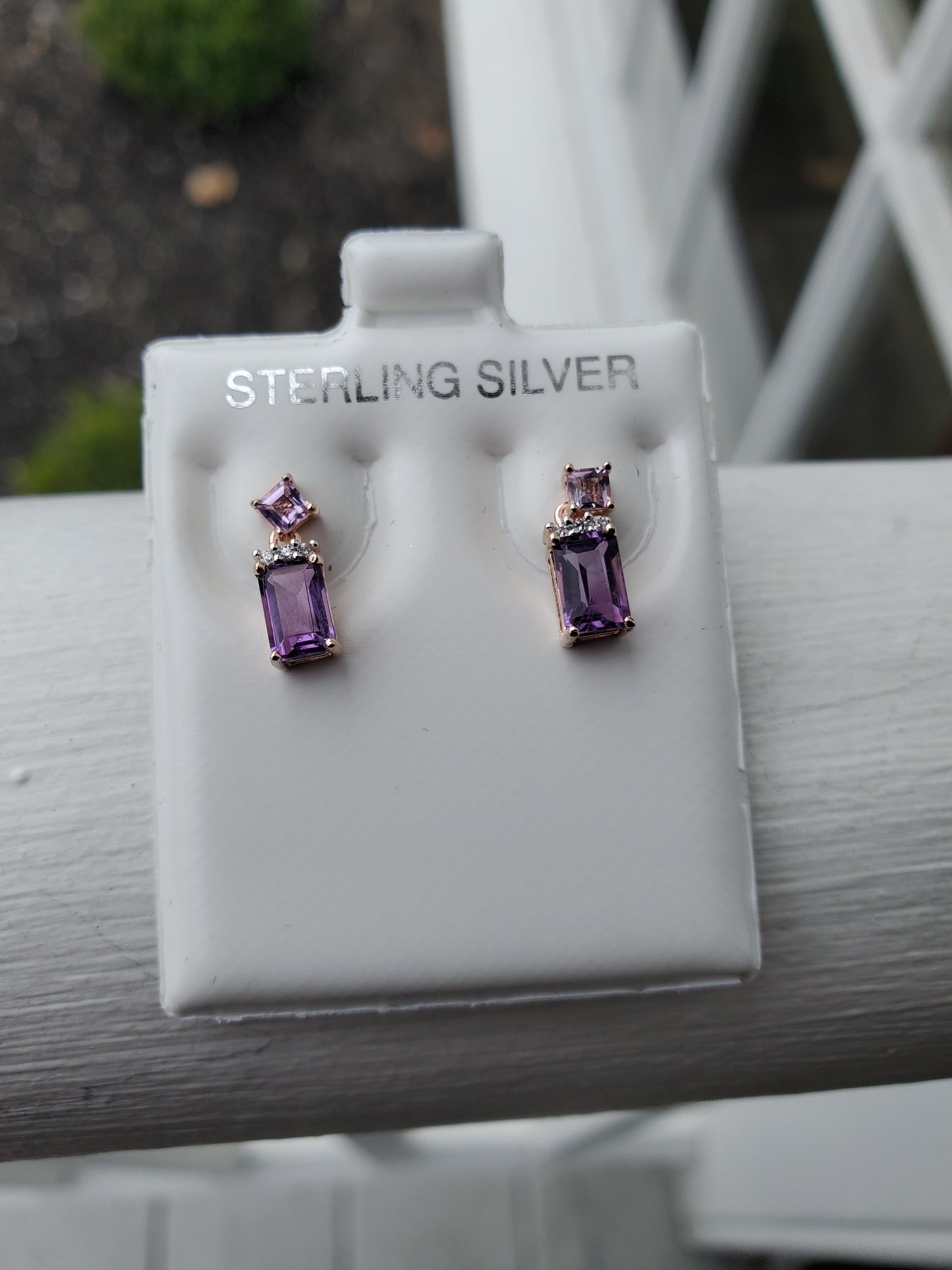 925 Sterling Silver Rose Vermeil Petite Emerald Cut Amethyst Dangle Earrings