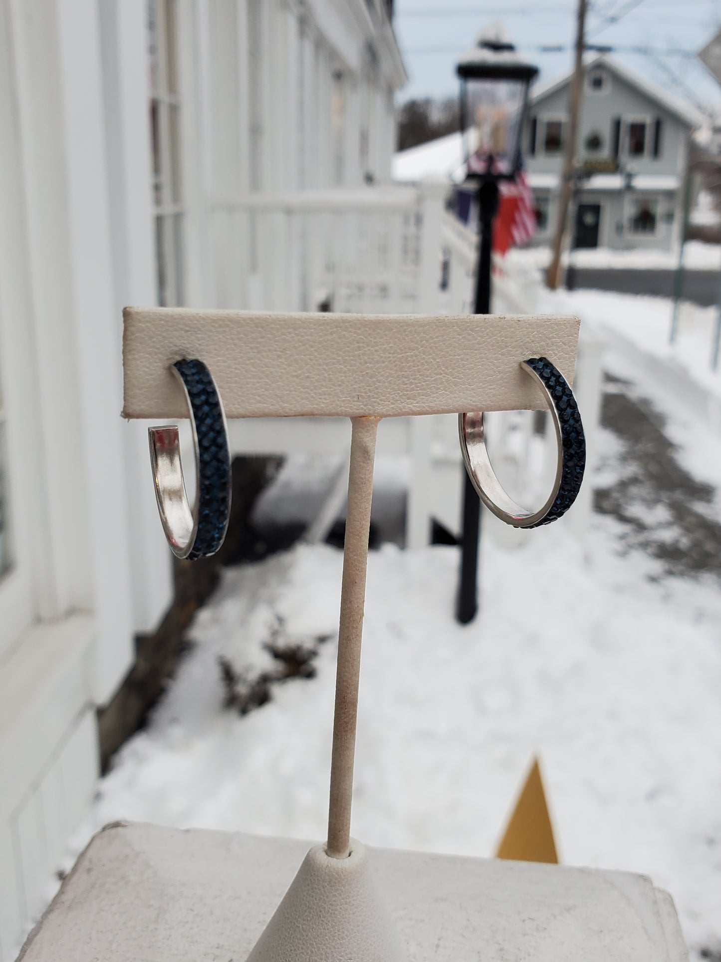 925 Sterling Silver 3/4 Round Blue Crystal Hoop Earrings