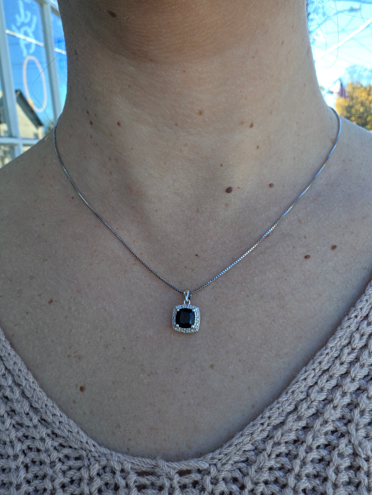 925 Sterling Silver Mini Albion Style Black Spinel & CZ Halo Necklace