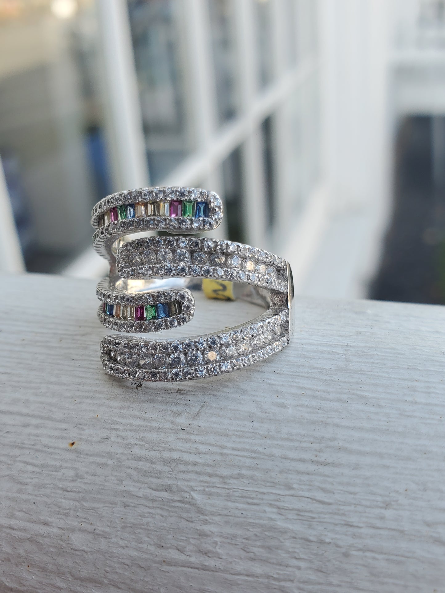 925 Sterling Silver Bypass Multi-colored Channel Set Zirconia Ring