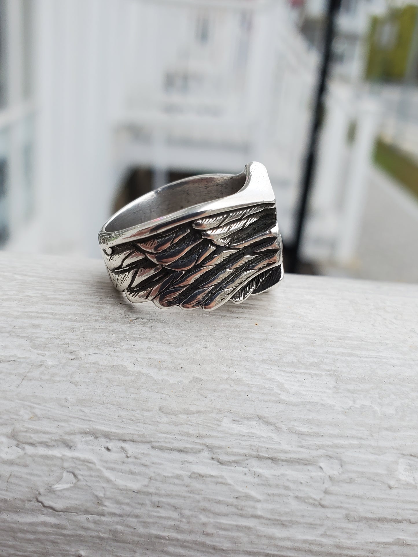 925 Sterling Silver Motorcycle Harley Davidson Shield Eagle Feather Ring