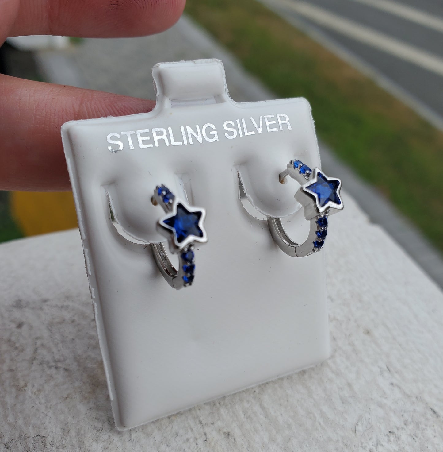 925 Sterling Silver Simulated Blue Sapphire Star Huggie Hoop Earrings