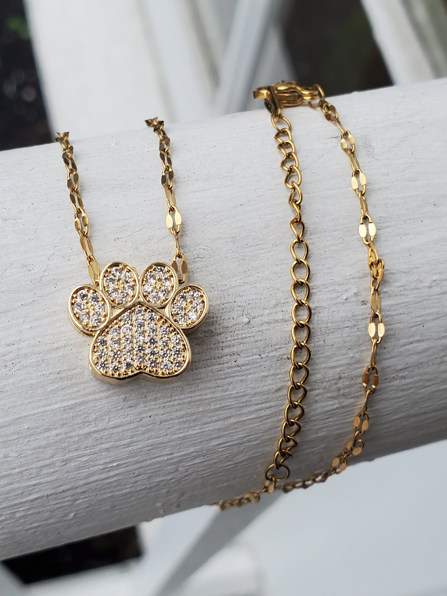 Stainless Steel Gold Plated Ladies Pawprint Zirconia Necklace