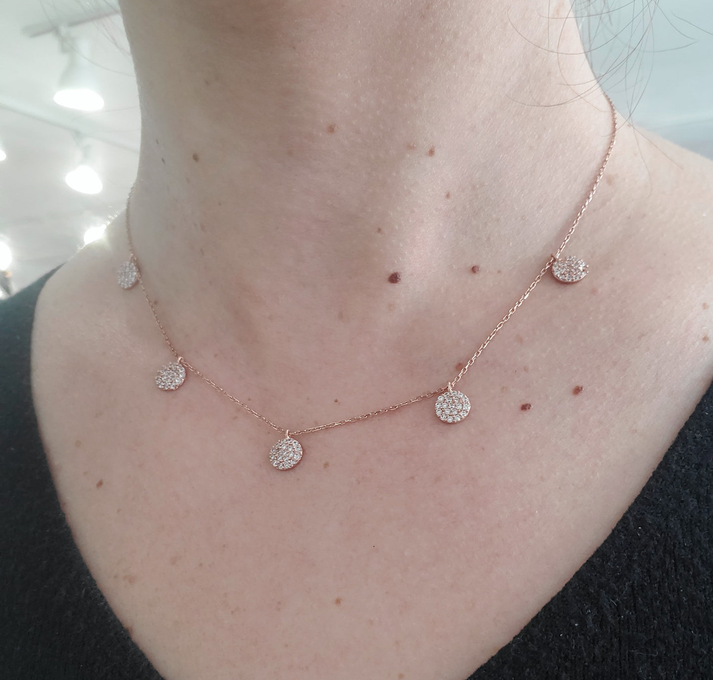 925 Sterling Silver Rose Vermeil Pave CZ Station Disc Necklace