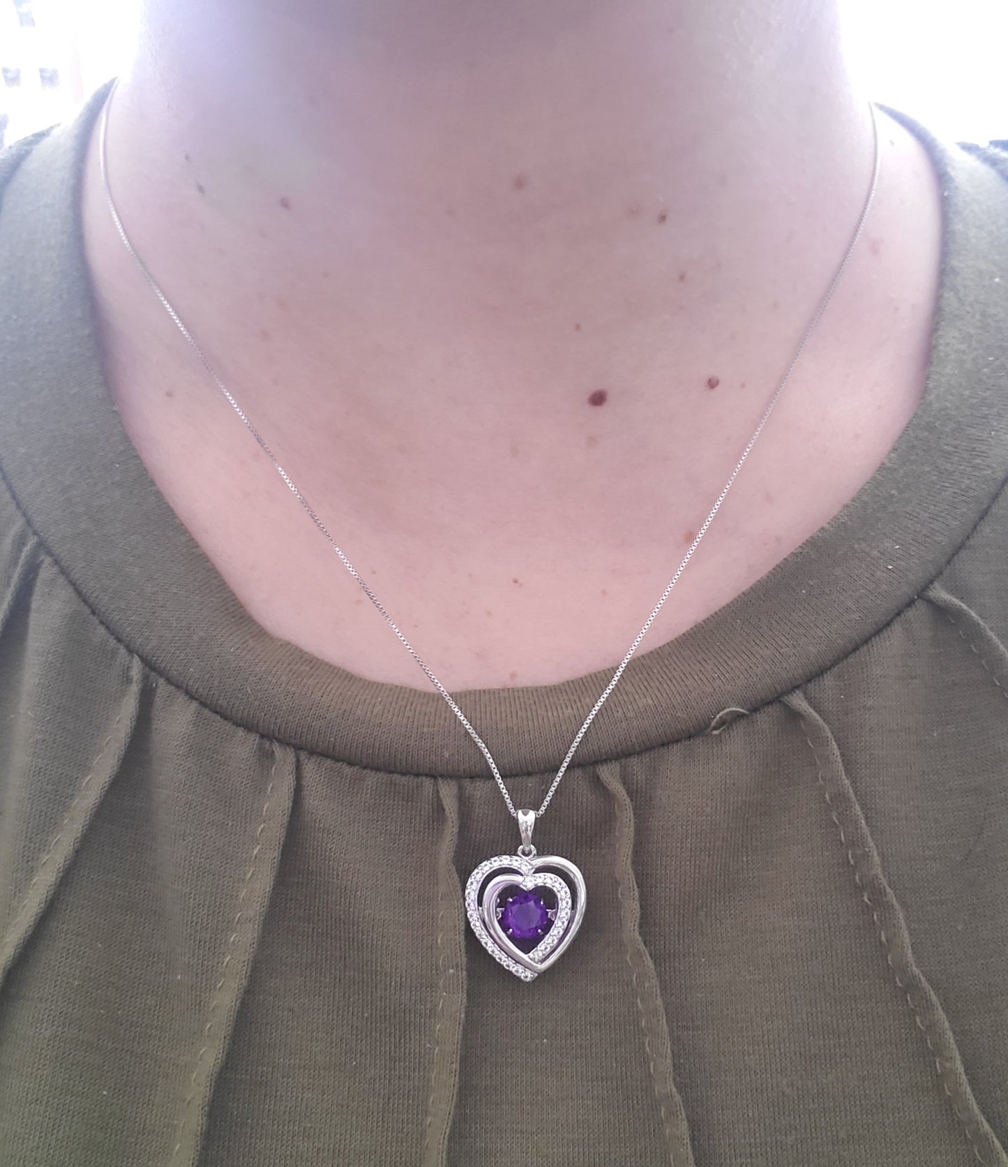 925 Sterling Silver Simulated Floating Amethyst & Zirconia Heart Necklace