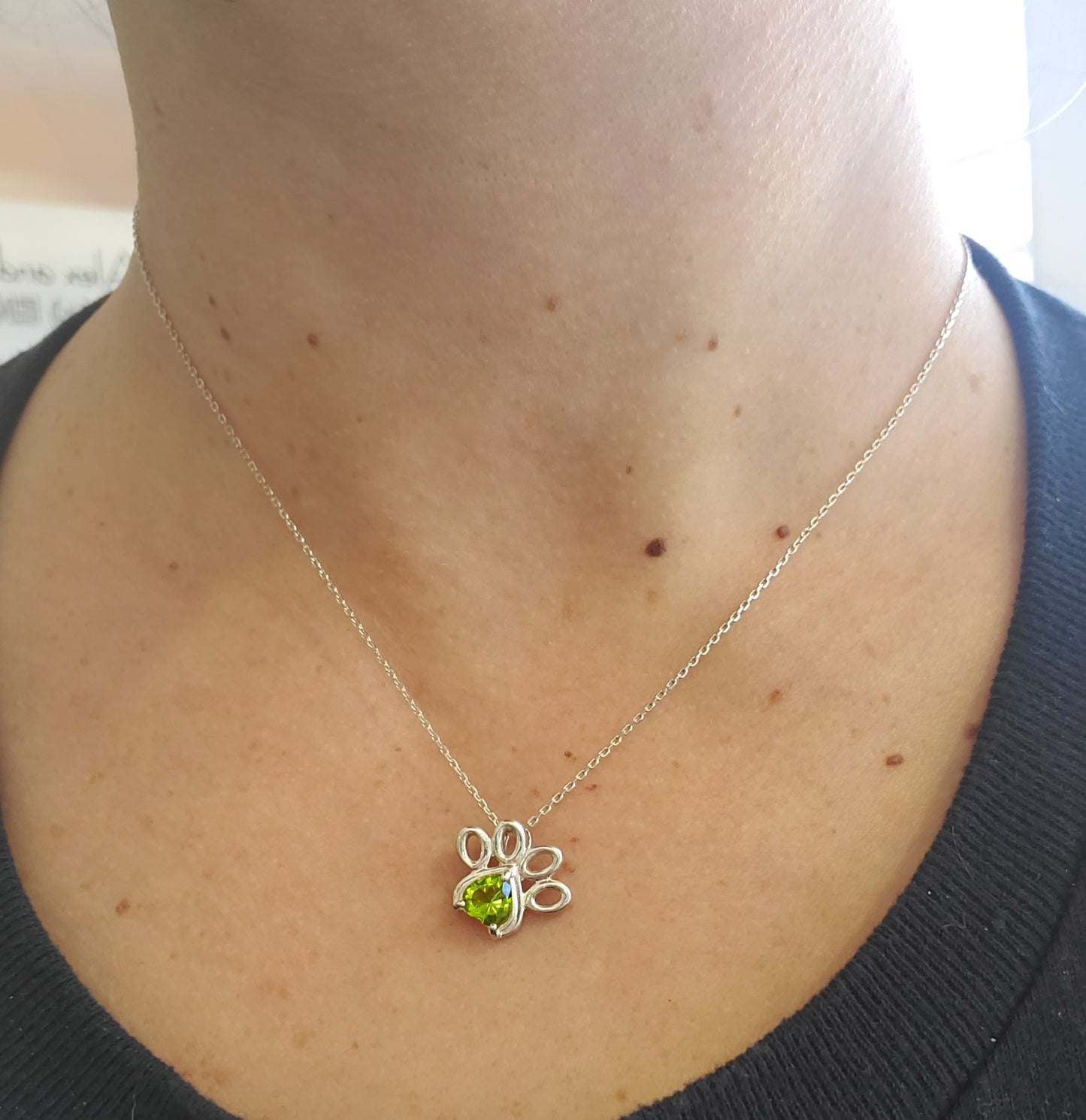 925 Sterling Silver Custom Made Simulated Peridot Pet Pawprint Necklace