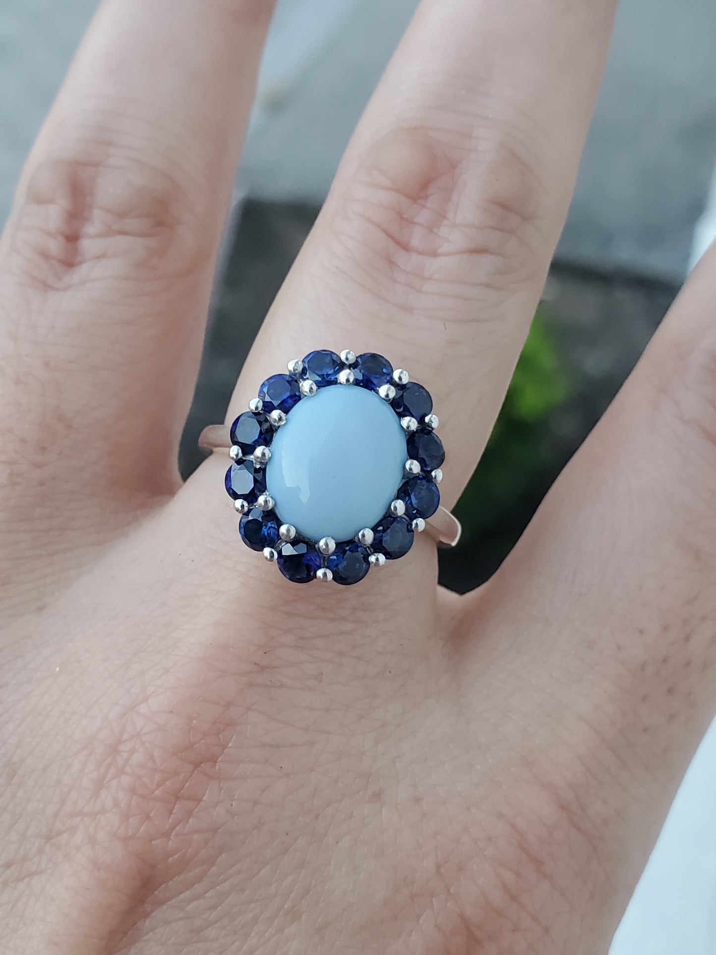 925 Sterling Silver Ladies Oval Blue Chalcedony & Simulated Sapphire Halo Ring