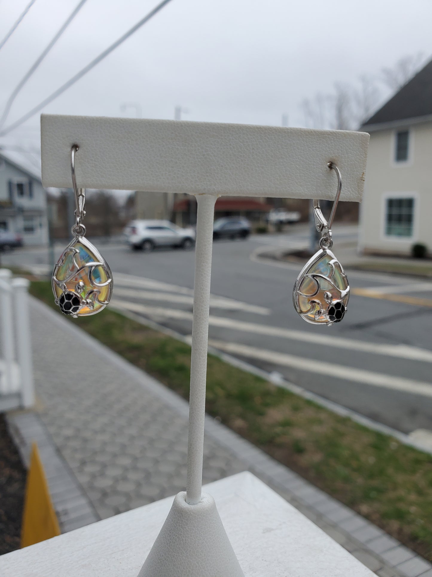 925 Sterling Silver AB Crystal Sea Turtle Teardrop Earrings
